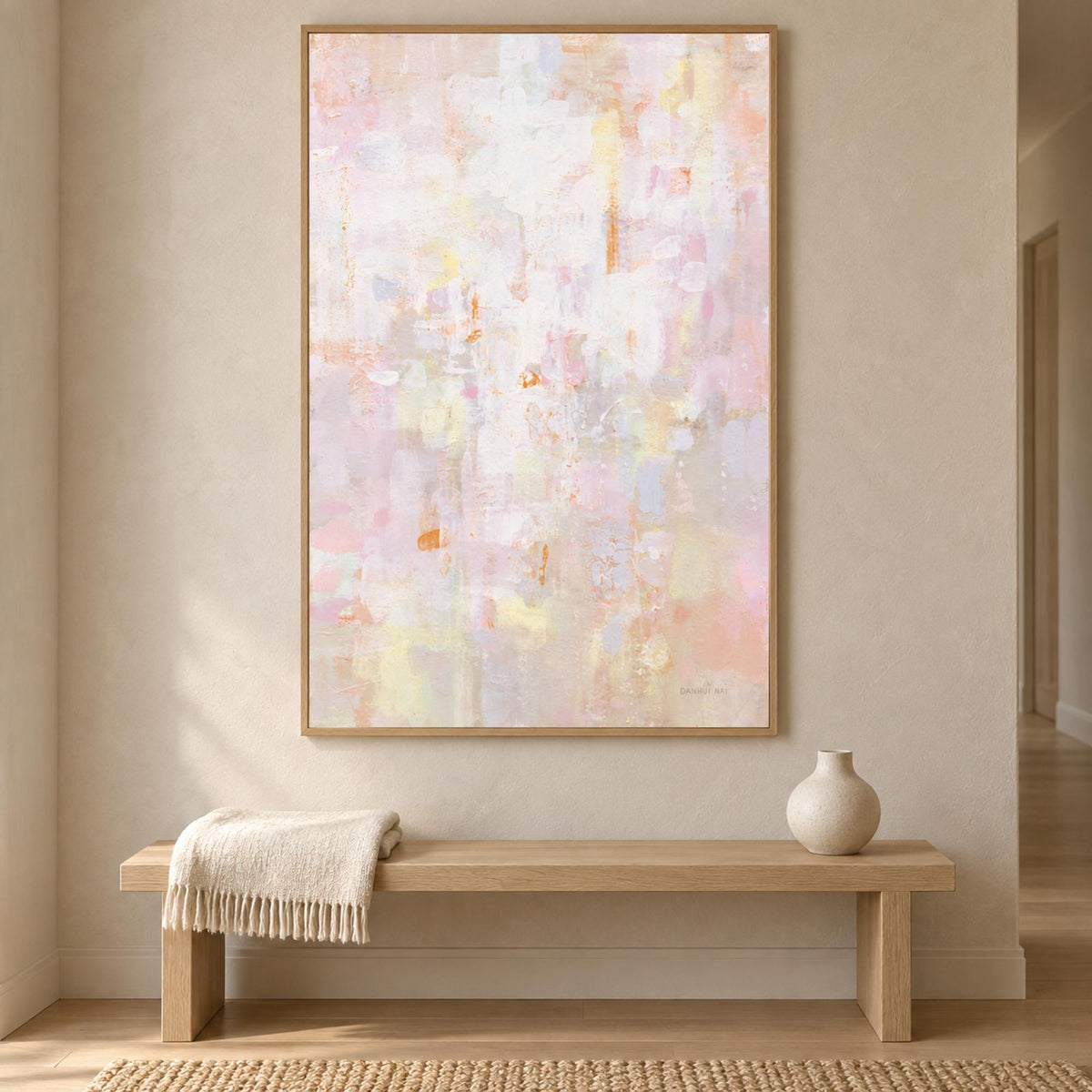 Soft Blush Serenade wall art in a calm contemporary hallway