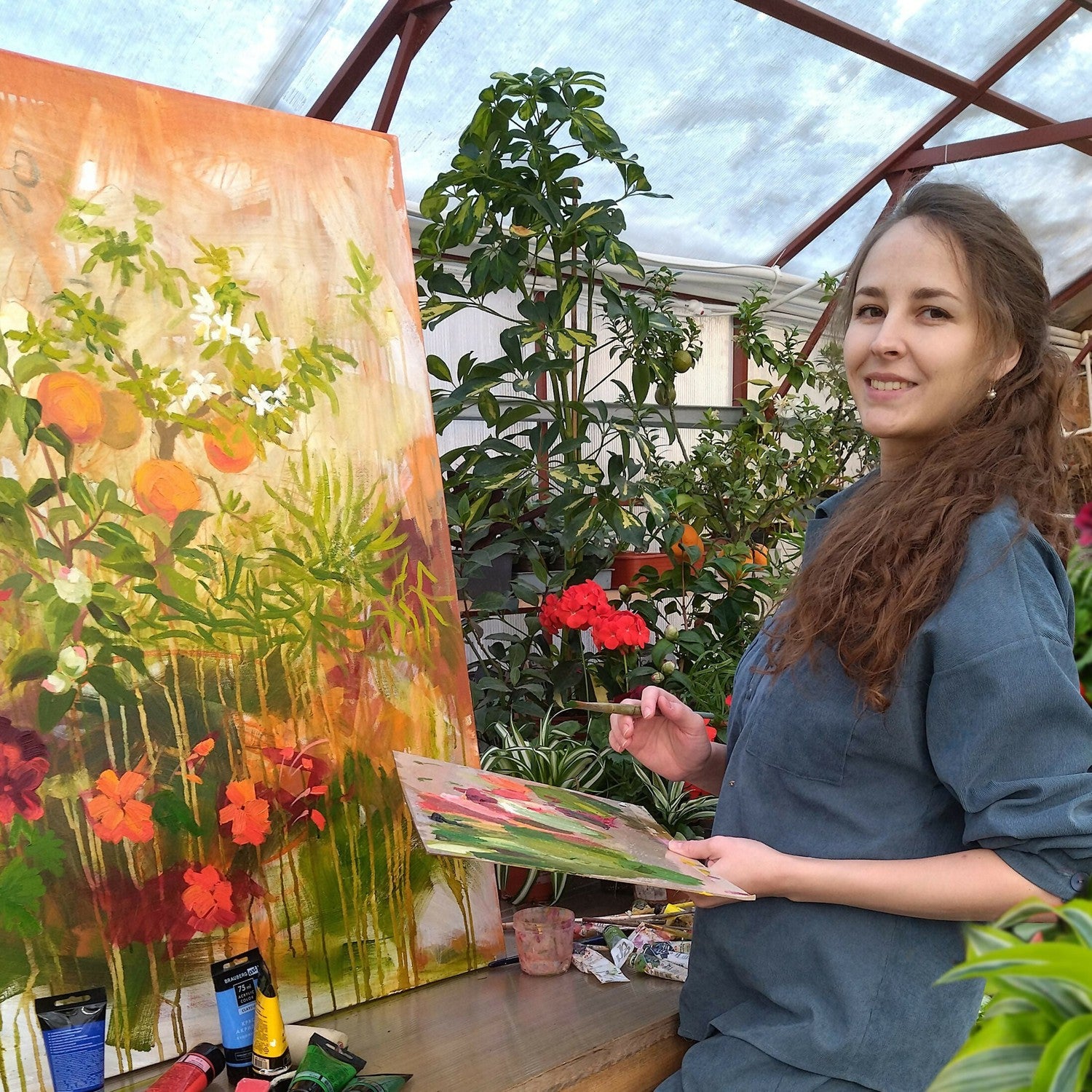 Tropical Garden, Original Hand-Painted Canvas By Ekaterina Prisich