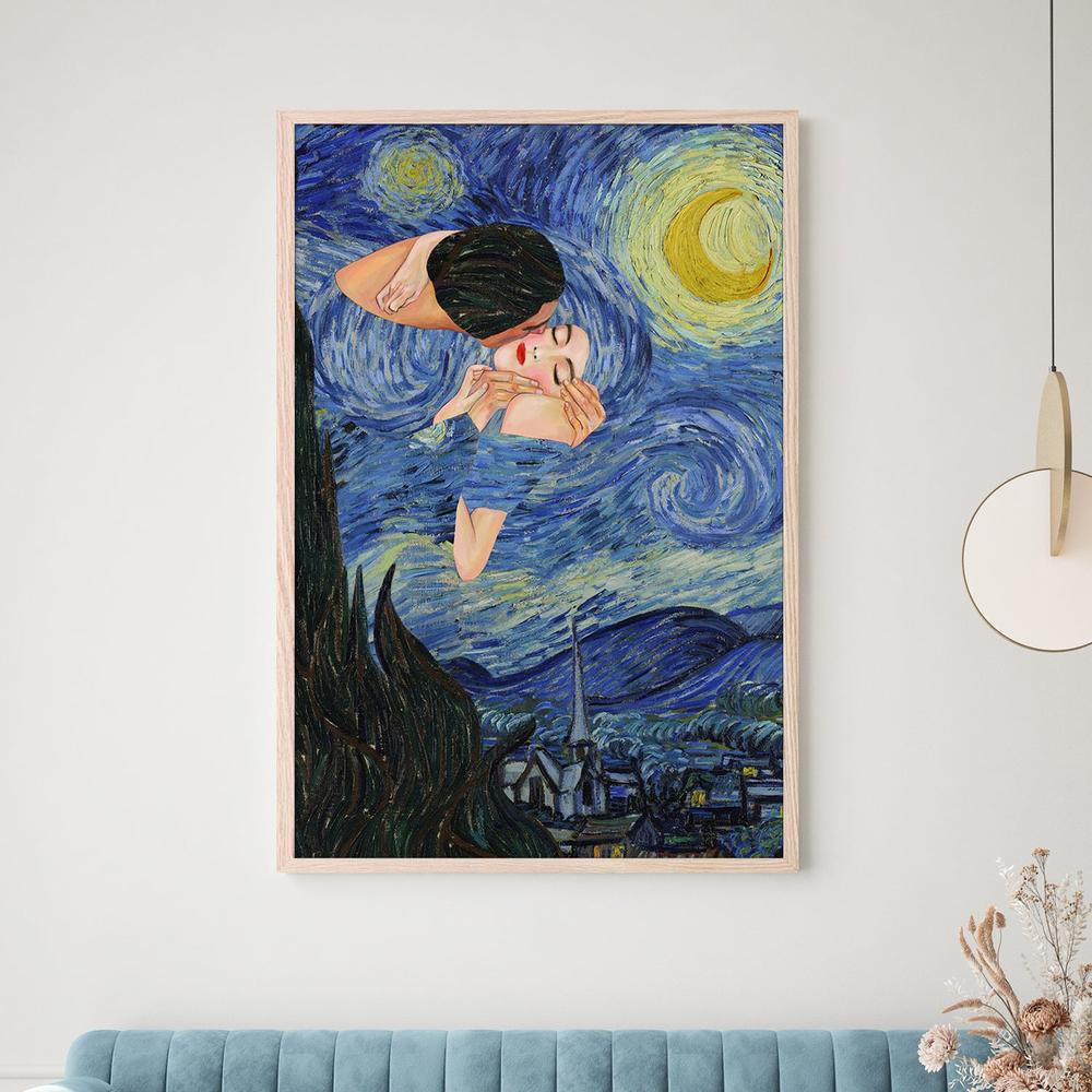 Starry Night Kiss-by-CATS AND DOTZ-wall-art-print-canvas-poster-framed-Gioia