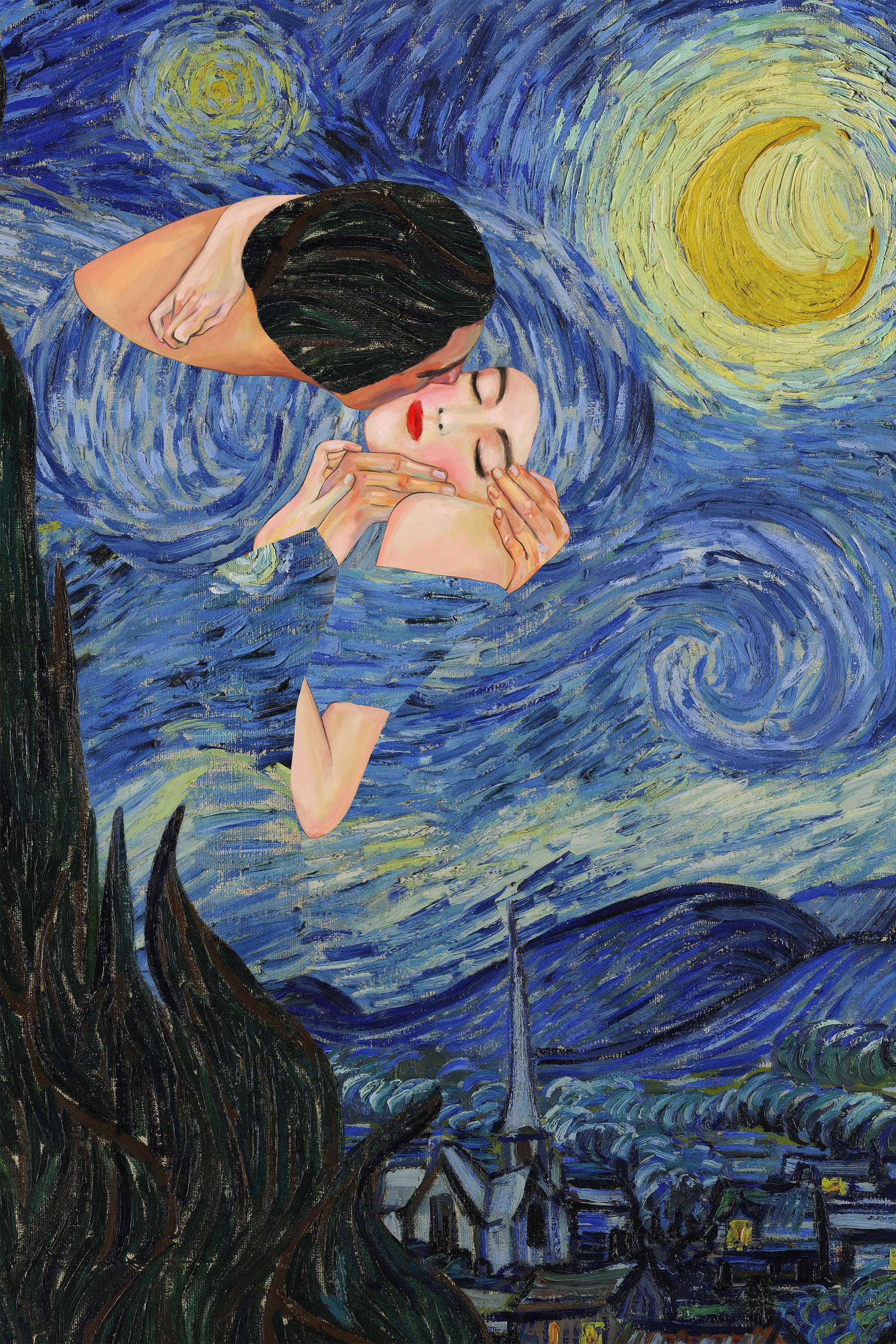 Starry Night Kiss-by-CATS AND DOTZ-wall-art-print-canvas-poster-framed-Gioia
