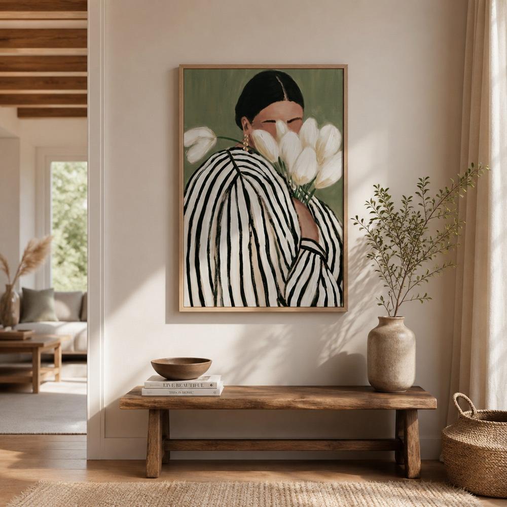 Striped dress woman with tulips-by-Stephanie Jeuffroy-wall-art-print-canvas-poster-framed-Gioia