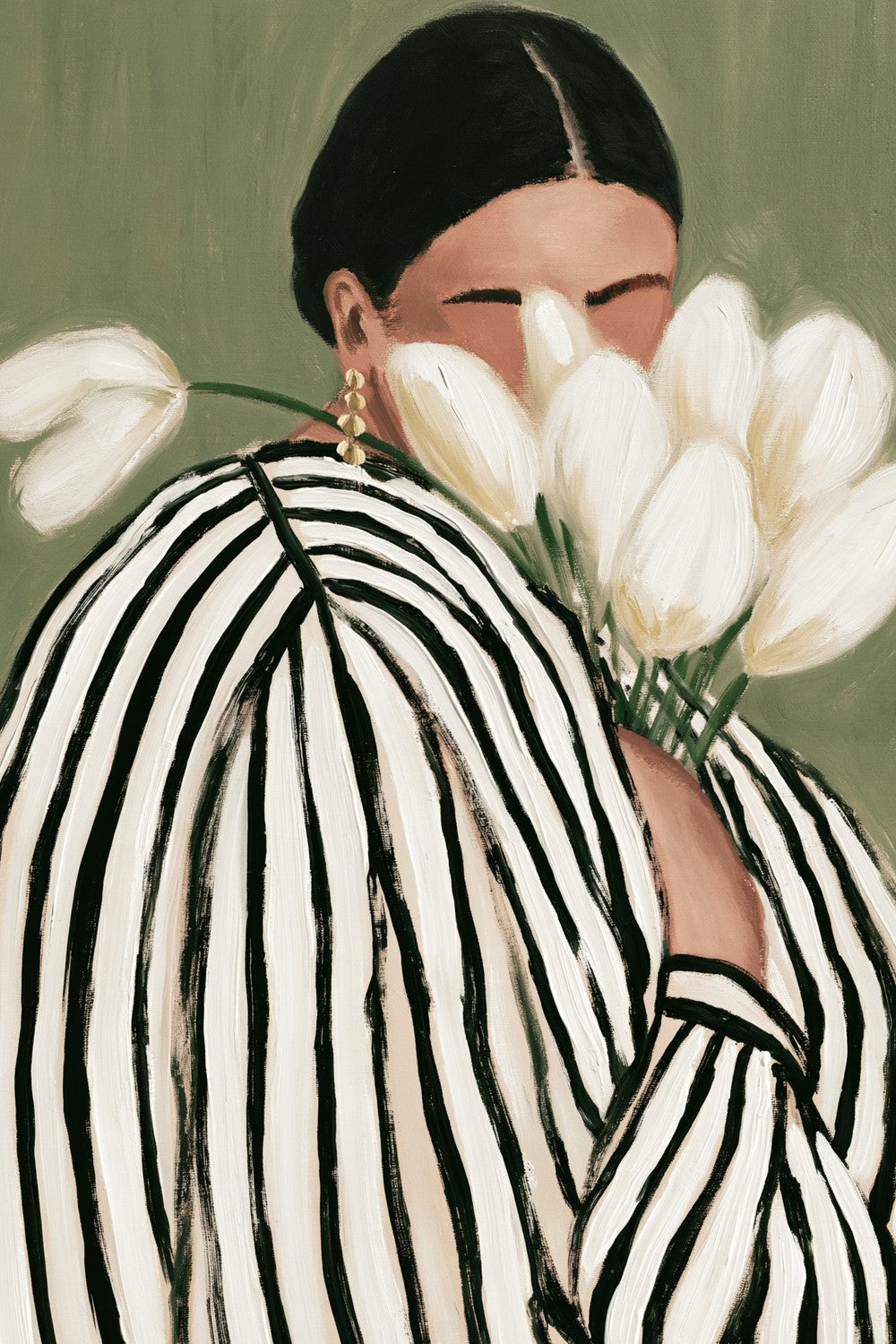 Striped dress woman with tulips-by-Stephanie Jeuffroy-wall-art-print-canvas-poster-framed-Gioia