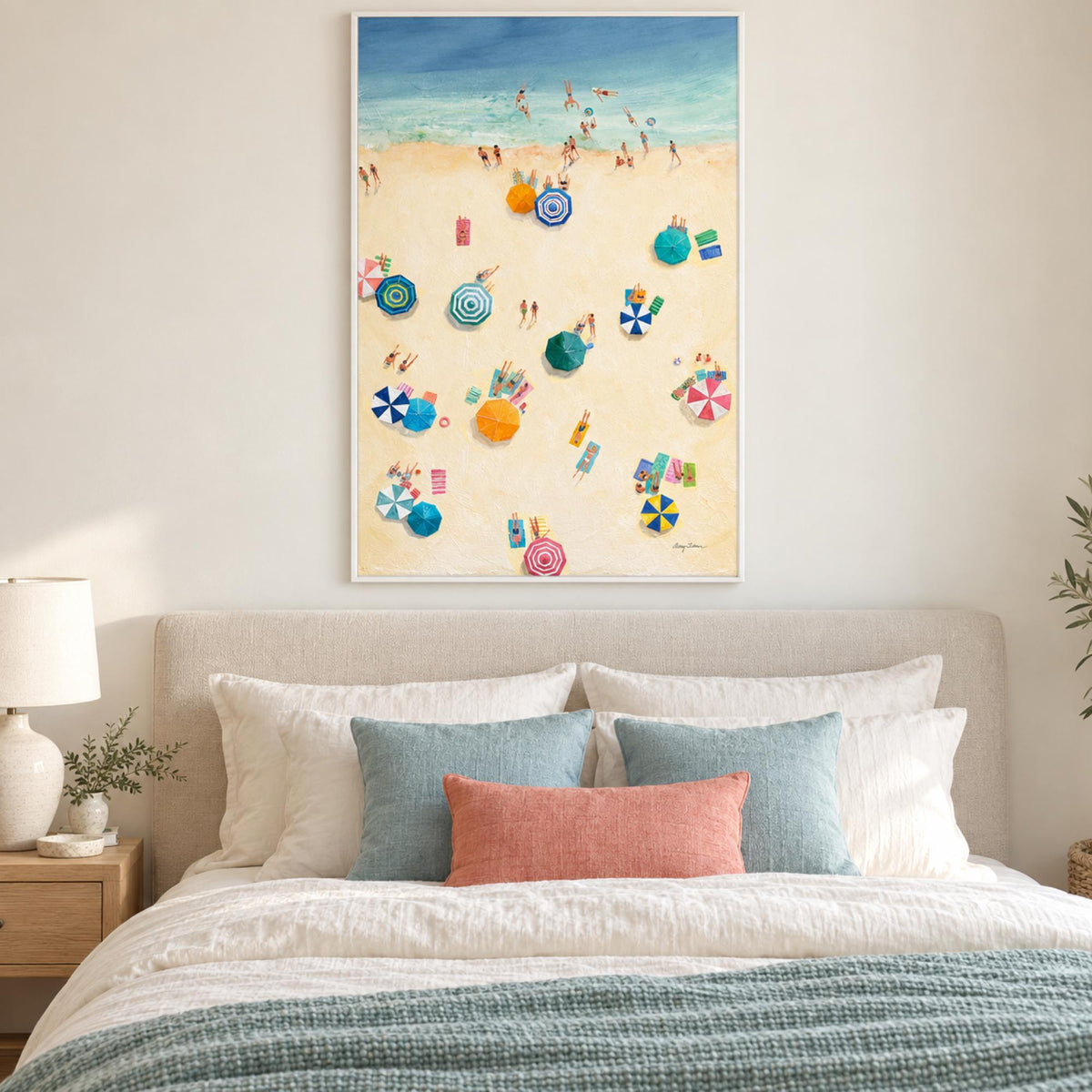 Summer Beach Fun wall art styled in a breezy contemporary bedroom