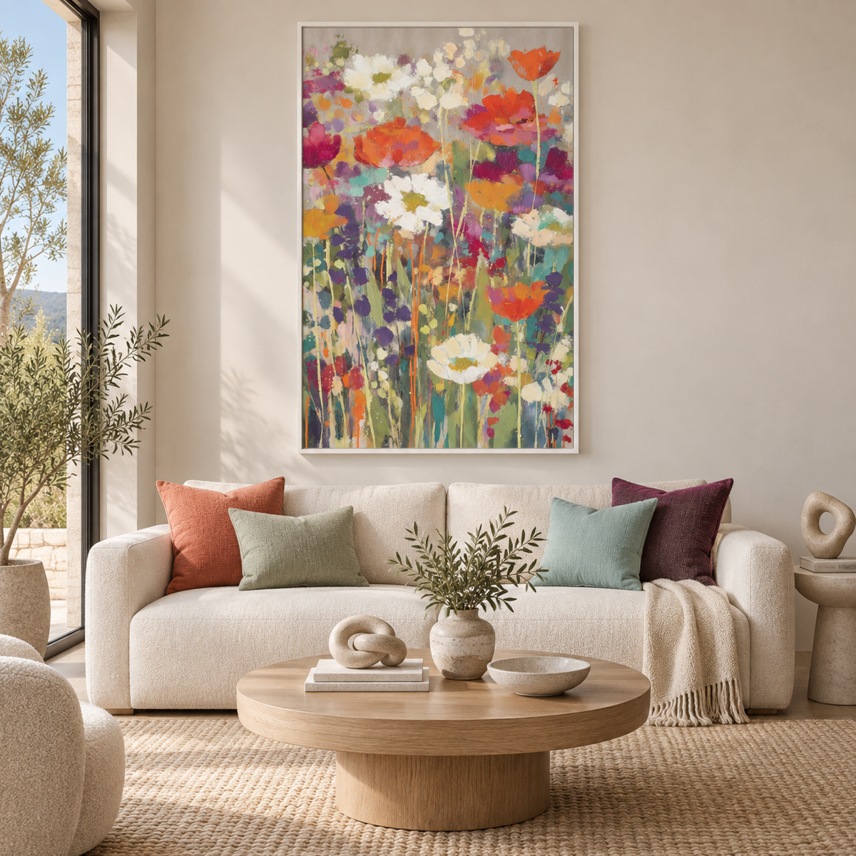 Summer Wildflower Garden, Style B by Jordão de Abreu in a white floating frame above a neutral sofa.