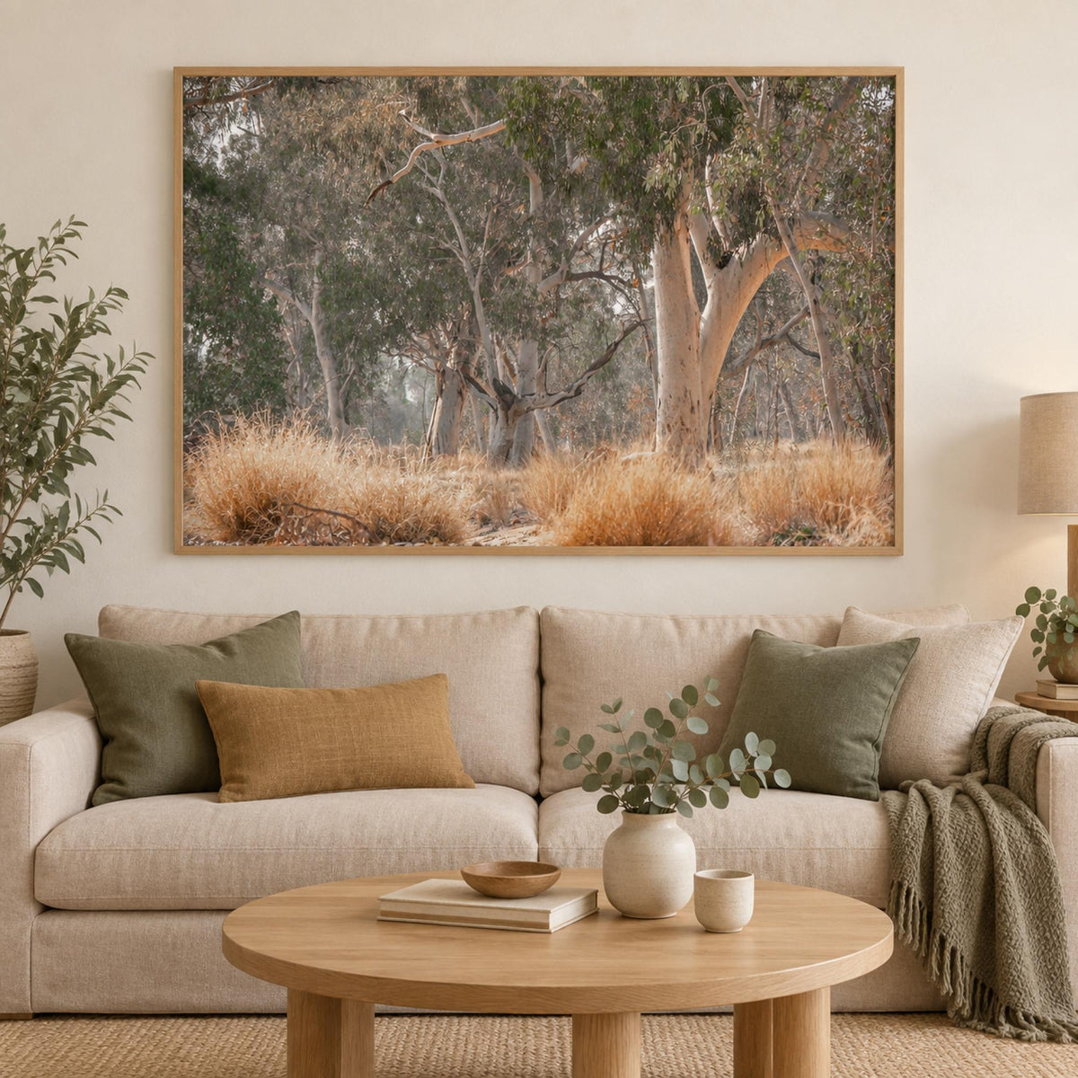 Sunkissed Gumtrees wall art styled in a relaxed Australian living room