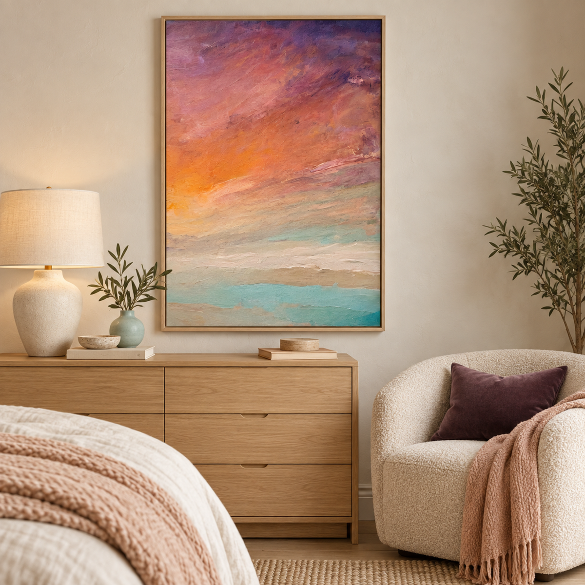 Sunset Hues wall art styled in a warm bedroom corner