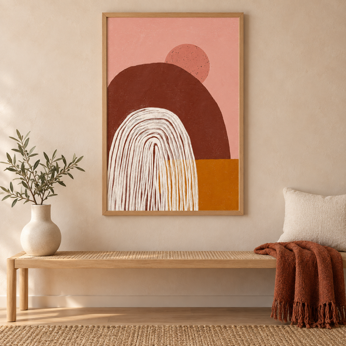 Sunsetmountain wall art above a pale timber bench