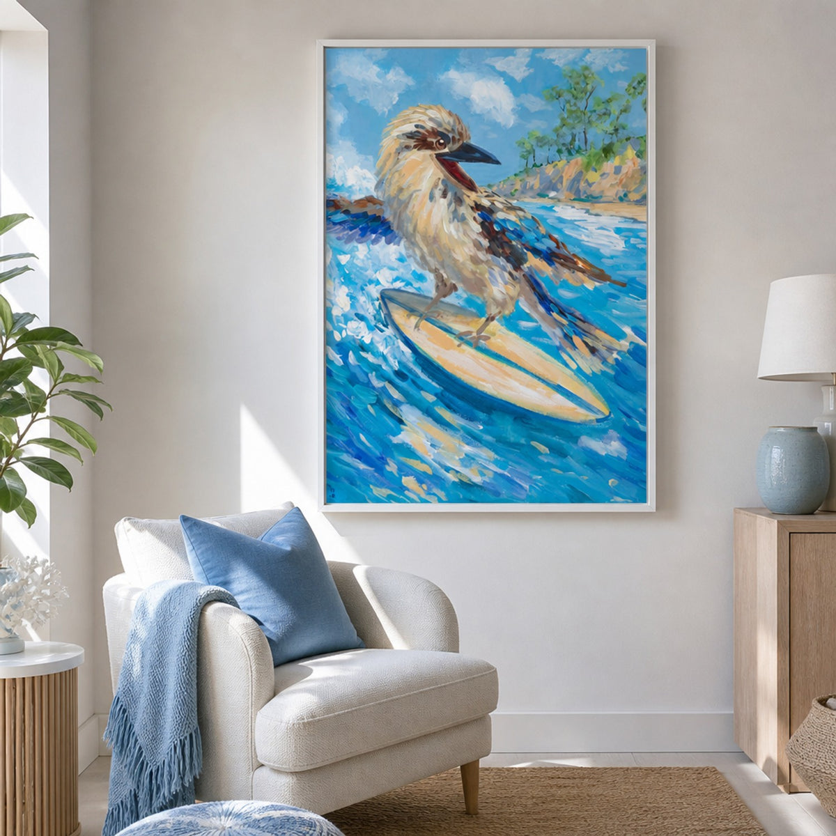 Surfing Kookaburra-by-Meredith Howse-wall-art-print-canvas-poster-framed-Gioia