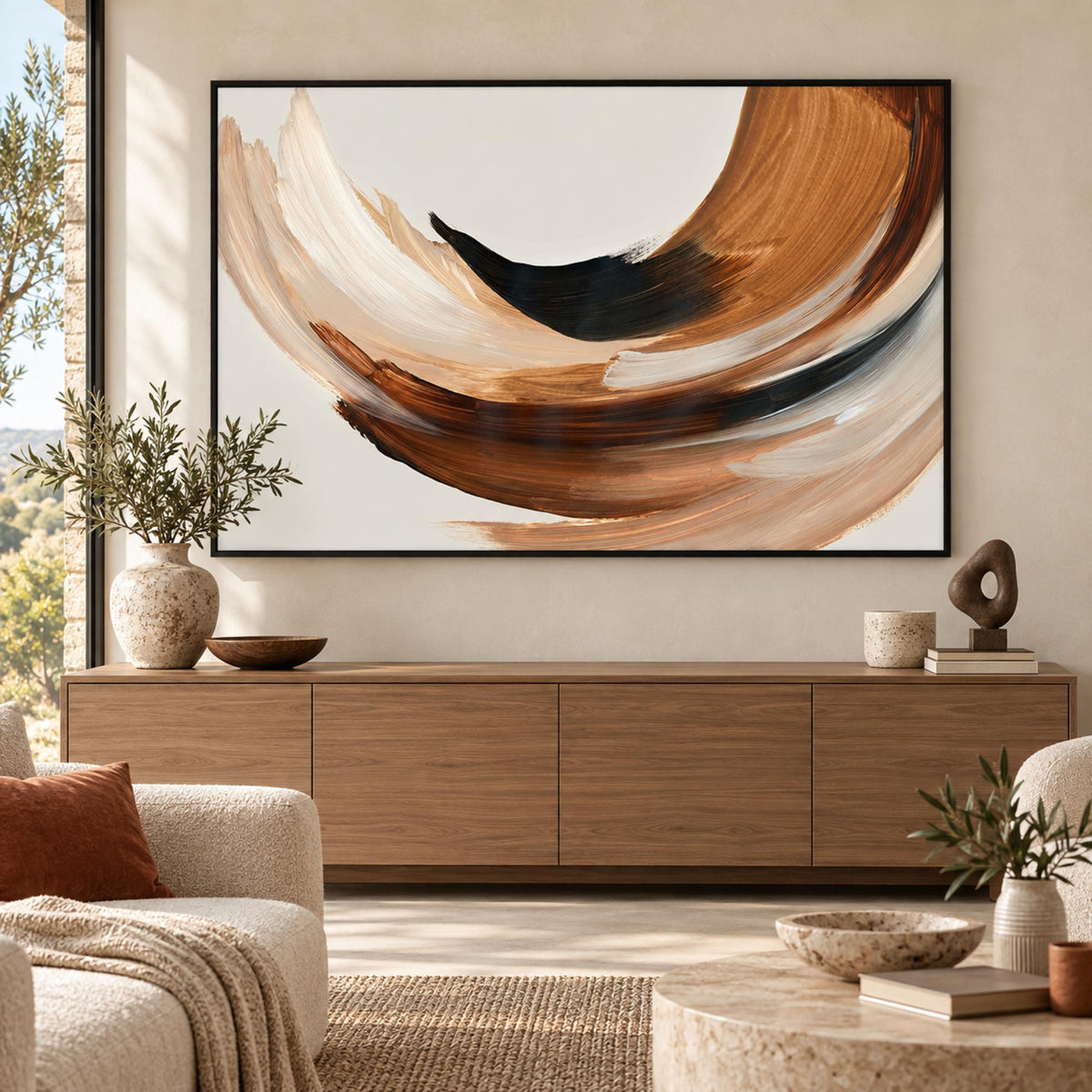 Sweeping Earth Tones in Motion in a black floating frame above a contemporary buffet