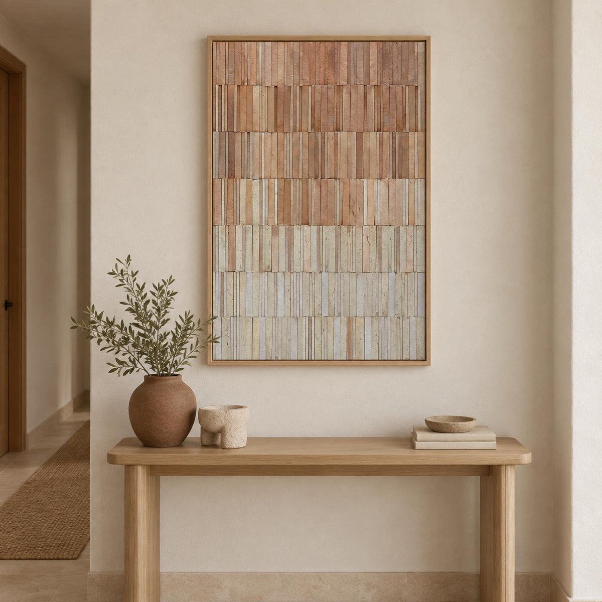Terracotta Wall artwork styled in a minimal contemporary hallway