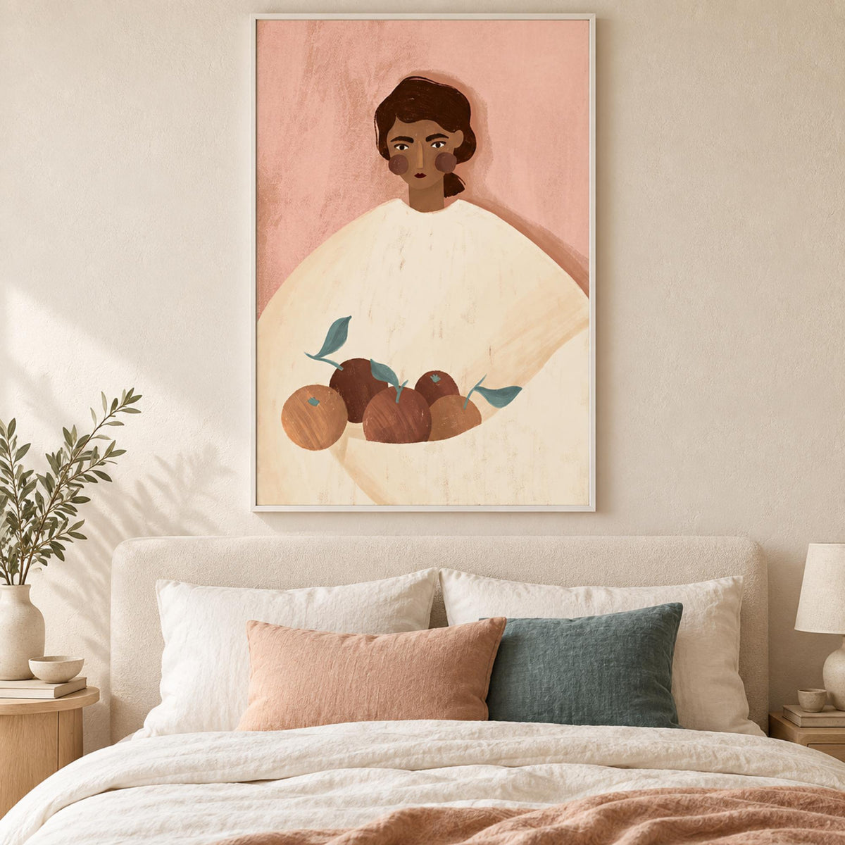 The Woman With The Oranges, Peach Tone wall art in a contemporary bedroom