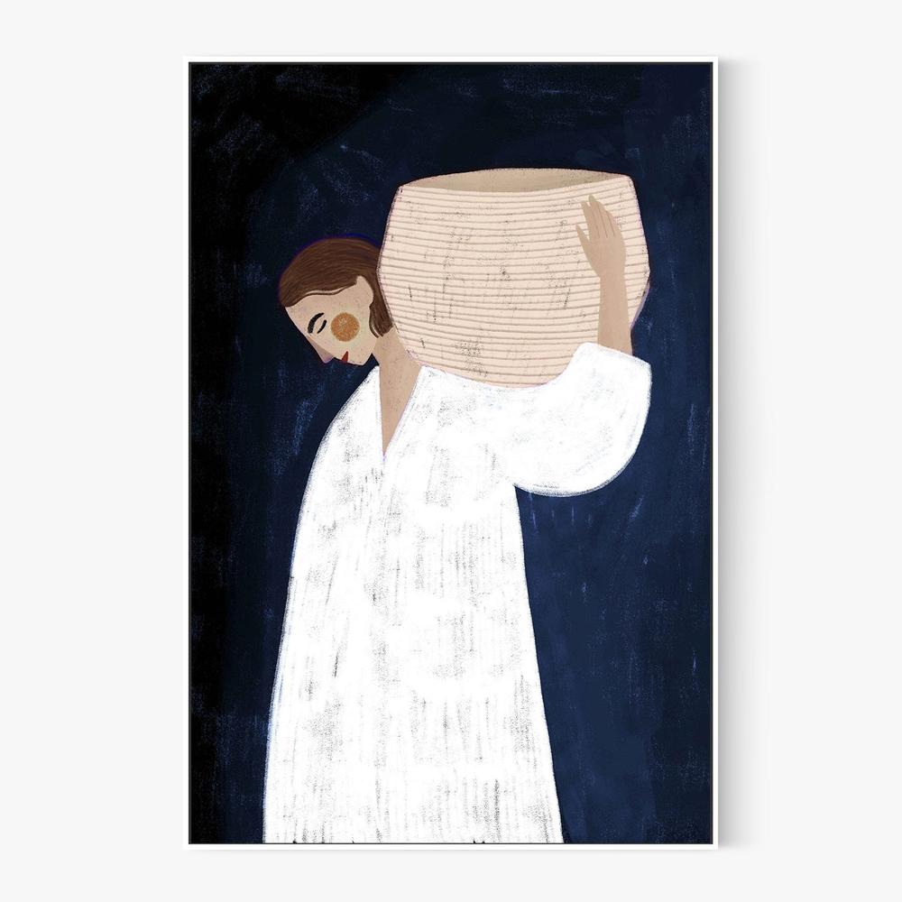 The Woman with the Pink Basket, Blue tone-by-Bea Muller-wall-art-print-canvas-poster-framed-Gioia