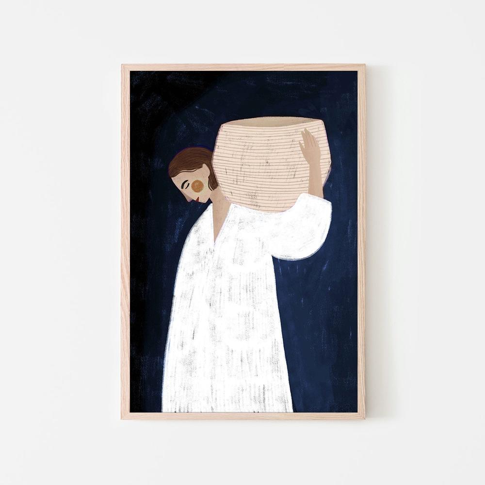 The Woman with the Pink Basket, Blue tone-by-Bea Muller-wall-art-print-canvas-poster-framed-Gioia