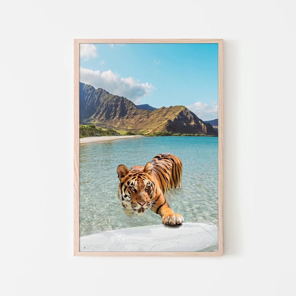 Tiger and Surfboard-by-Gal Pittel-wall-art-print-canvas-poster-framed-Gioia