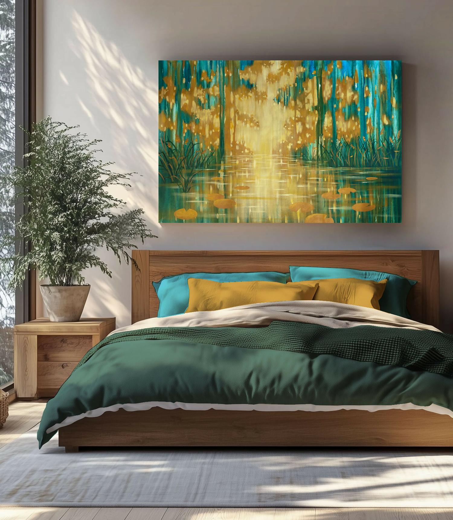 Golden-Emerald Forest Pond, Original Hand-painted Canvas by Ekaterina Prisich