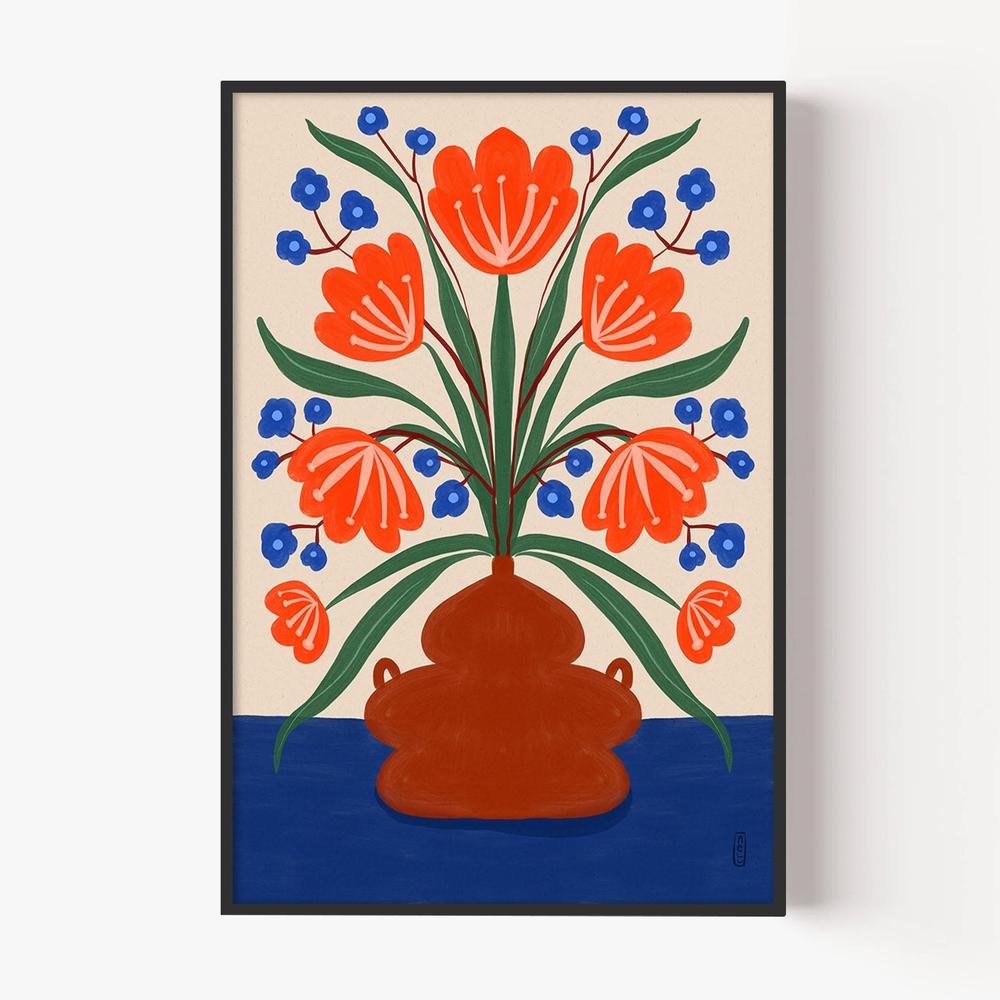 Vibrant Floral Terracotta Vase-by-Dirkie Nell-wall-art-print-canvas-poster-framed-Gioia
