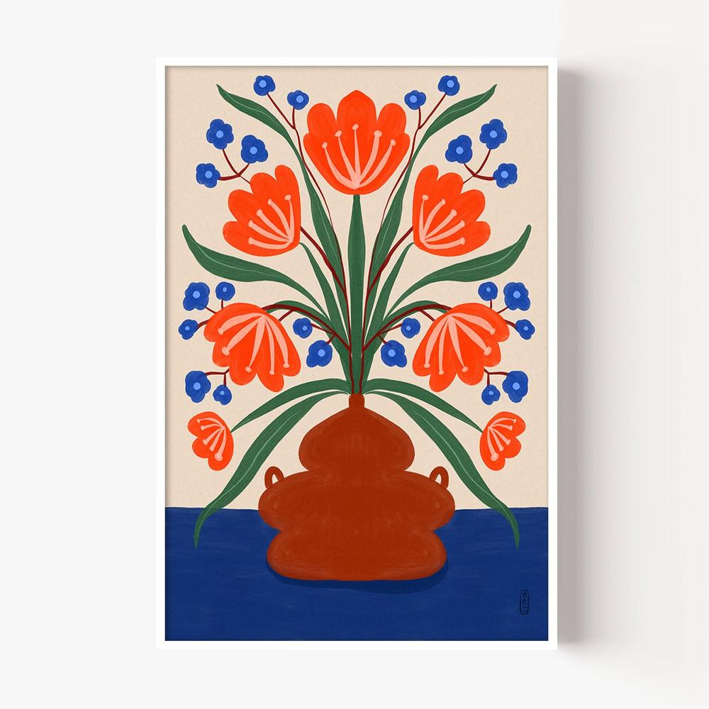 Vibrant Floral Terracotta Vase-by-Dirkie Nell-wall-art-print-canvas-poster-framed-Gioia