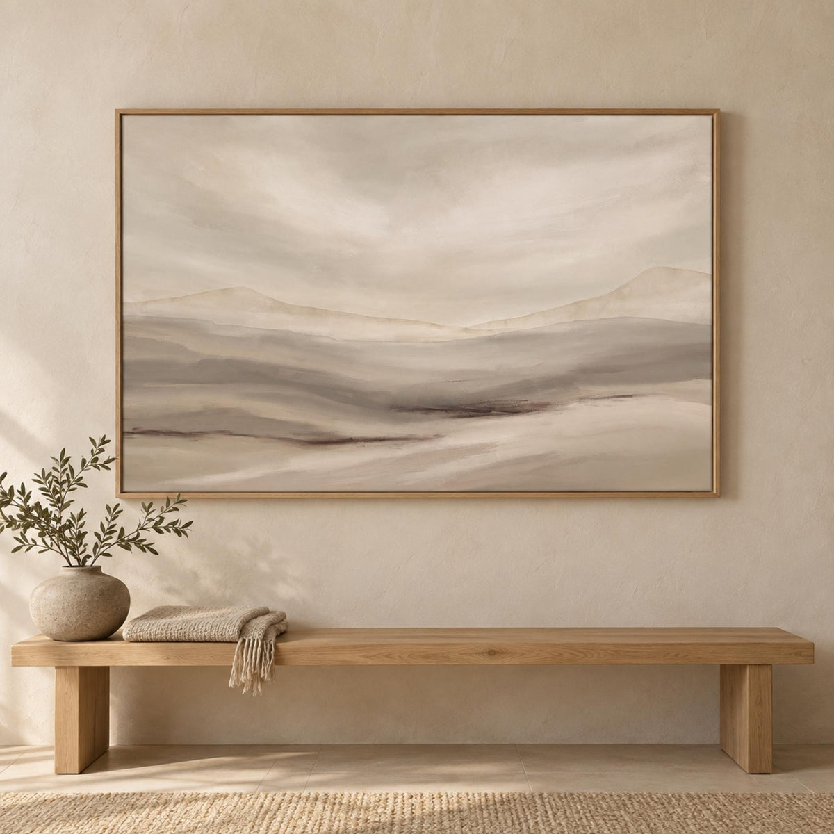 Voz Do Deserto wall art above a minimal natural oak bench