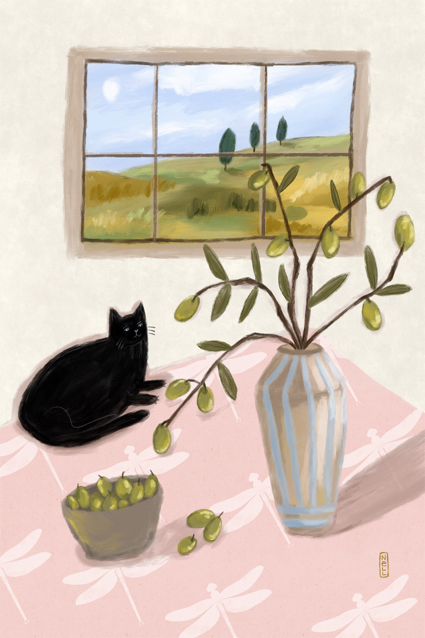 wall-art-print-canvas-poster-framed-A Cat And Olives , By Lia Nell-GIOIA-WALL-ART