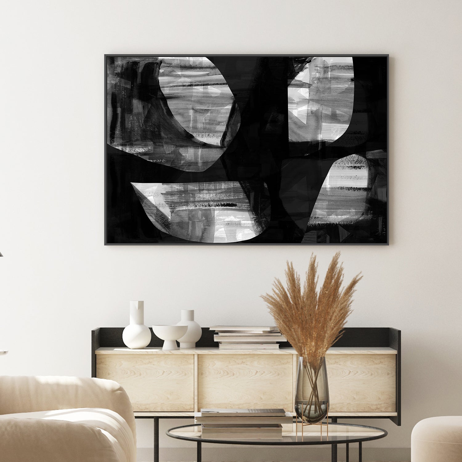 wall-art-print-canvas-poster-framed-Abstract Black Night Shapes, Style C-2
