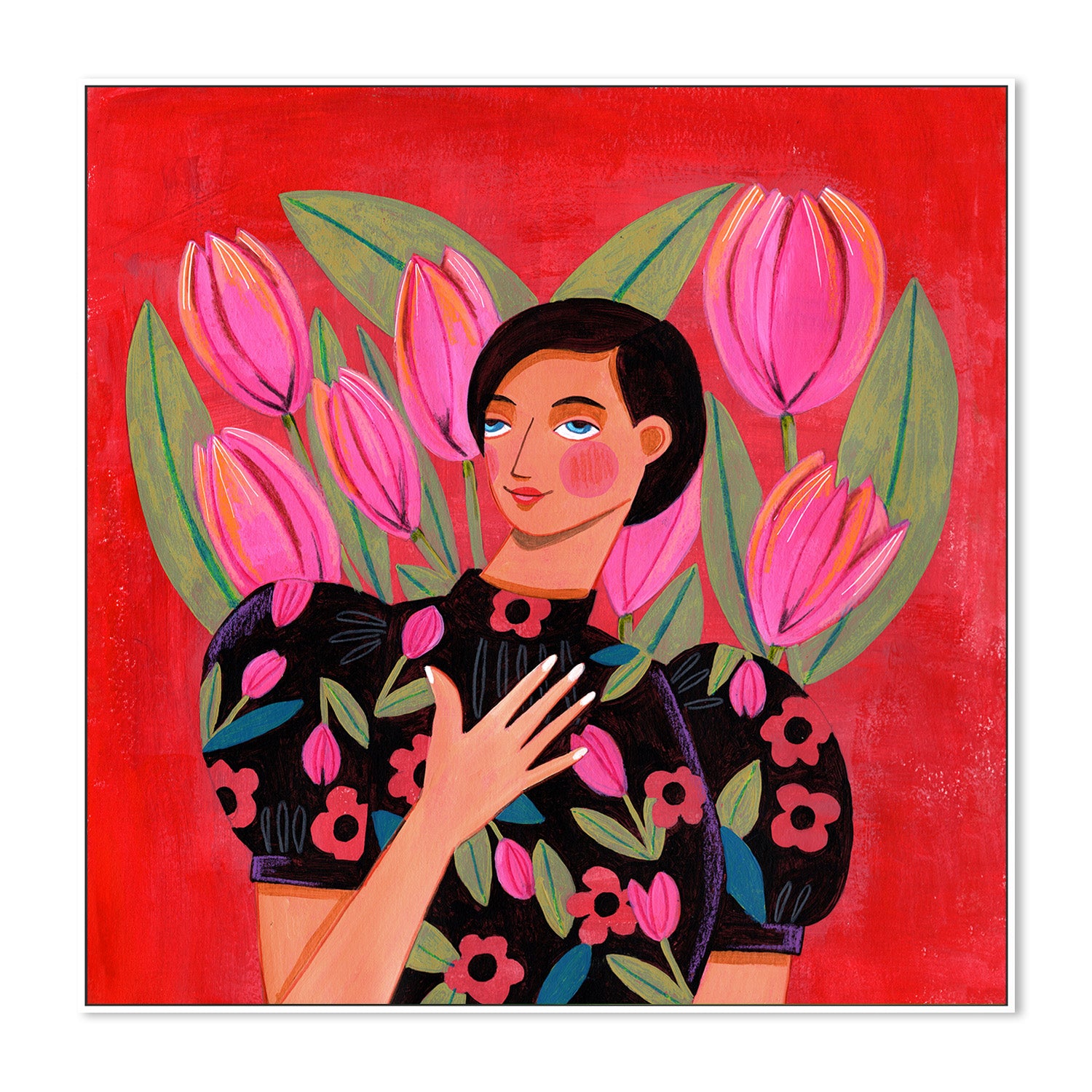 wall-art-print-canvas-poster-framed-Abstract Modern Portrait Woman with Tulips-5