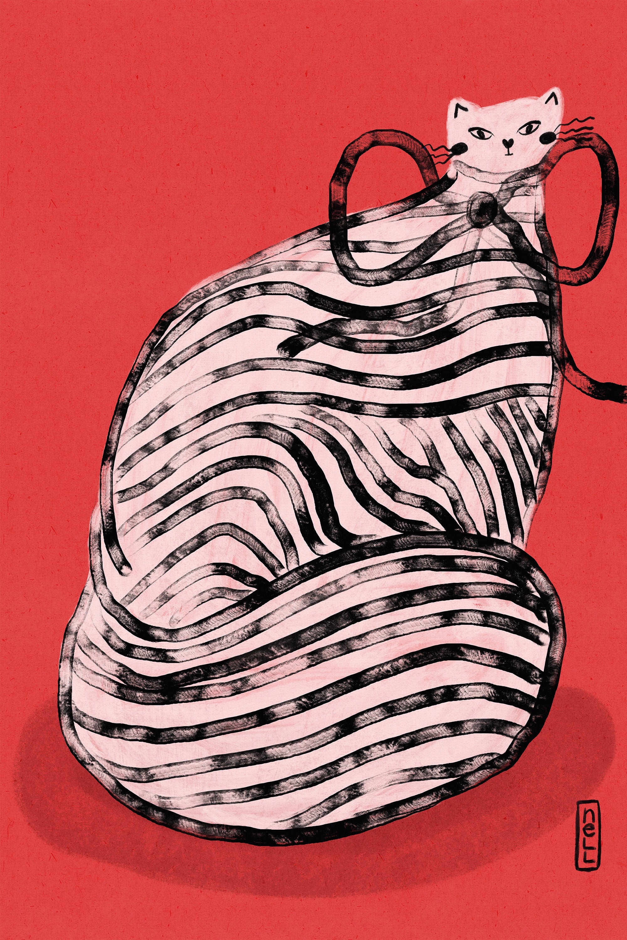 wall-art-print-canvas-poster-framed-Black and White Stripe Cat Illustration Poster-1