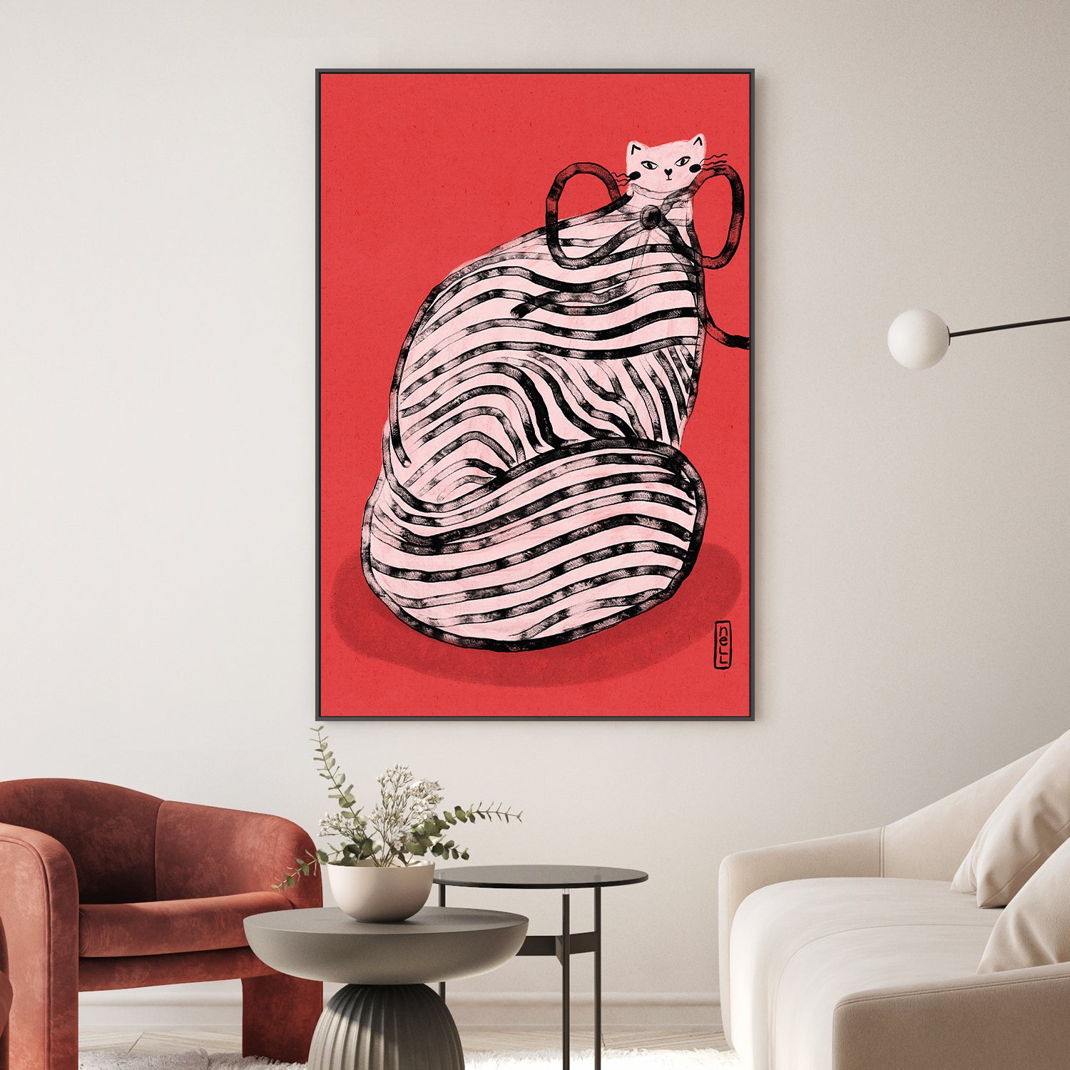 wall-art-print-canvas-poster-framed-Black and White Stripe Cat Illustration Poster-2