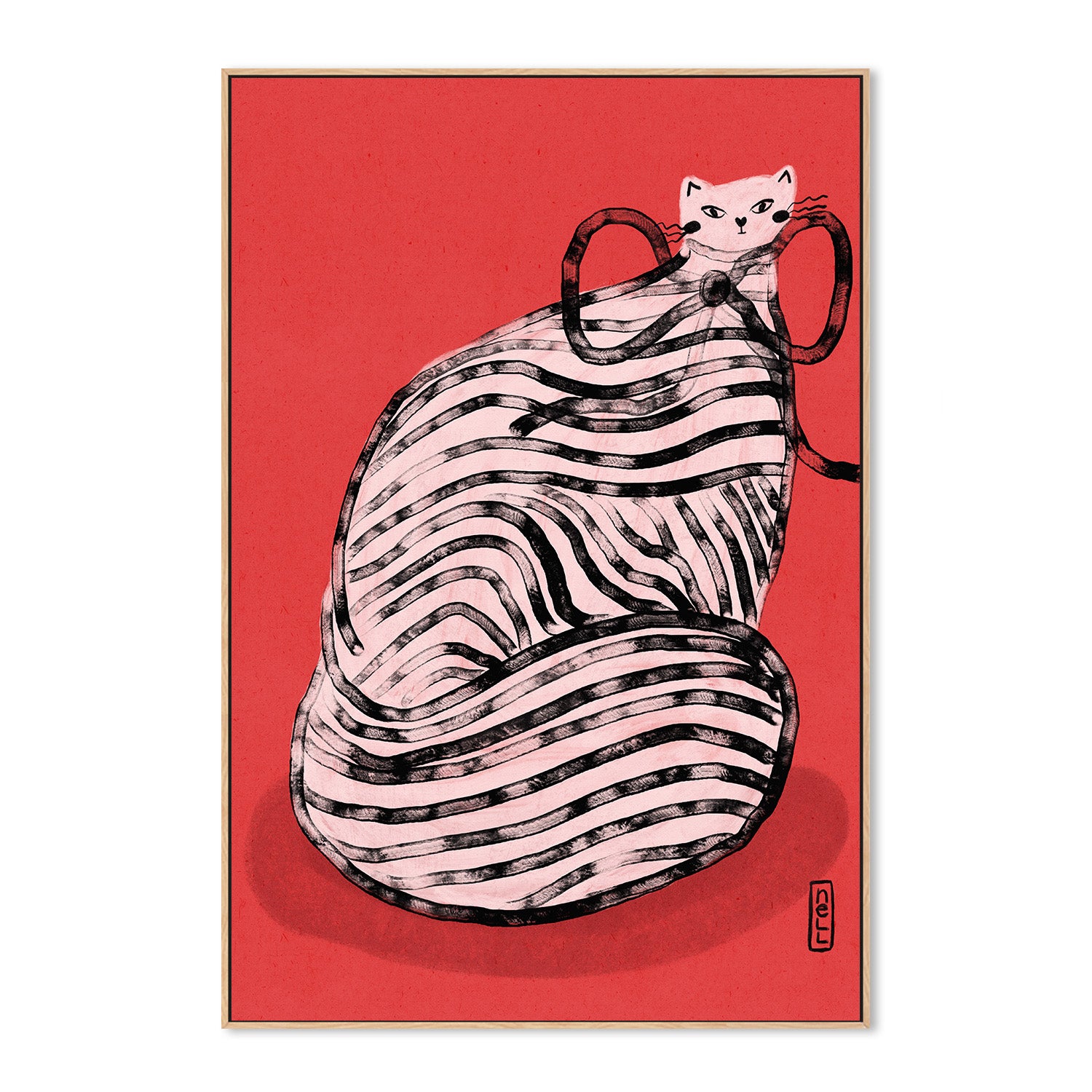 wall-art-print-canvas-poster-framed-Black and White Stripe Cat Illustration Poster-4