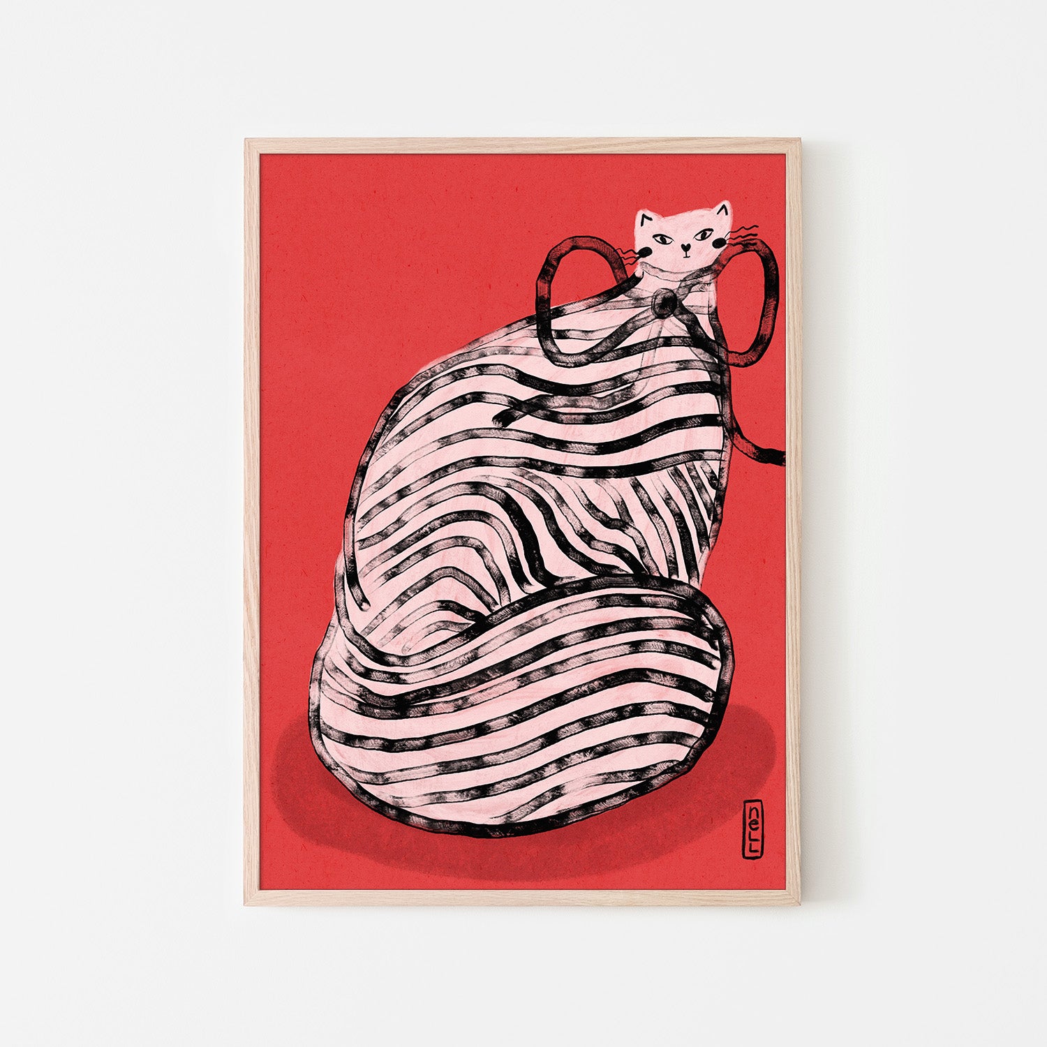 wall-art-print-canvas-poster-framed-Black and White Stripe Cat Illustration Poster-6