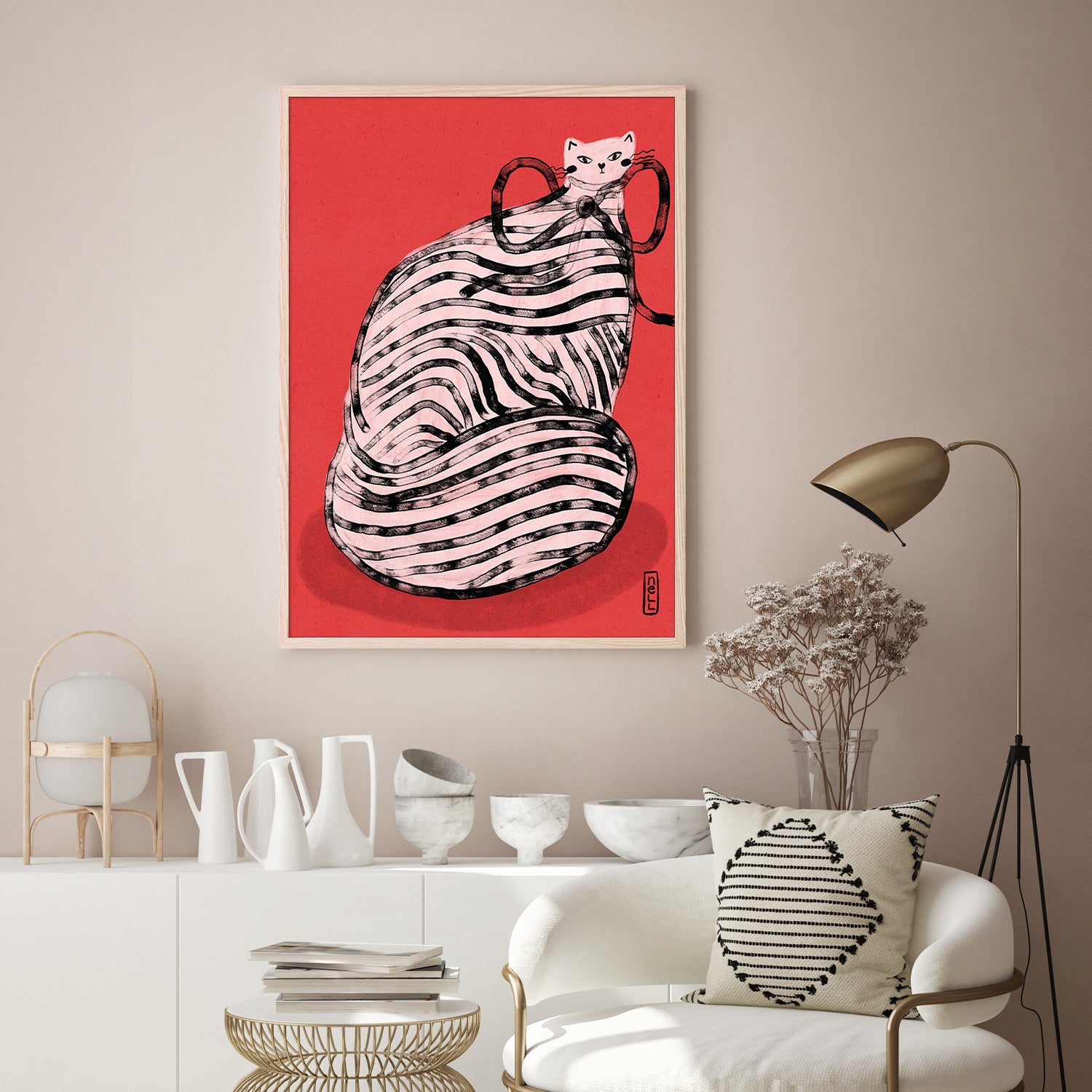 wall-art-print-canvas-poster-framed-Black and White Stripe Cat Illustration Poster-8