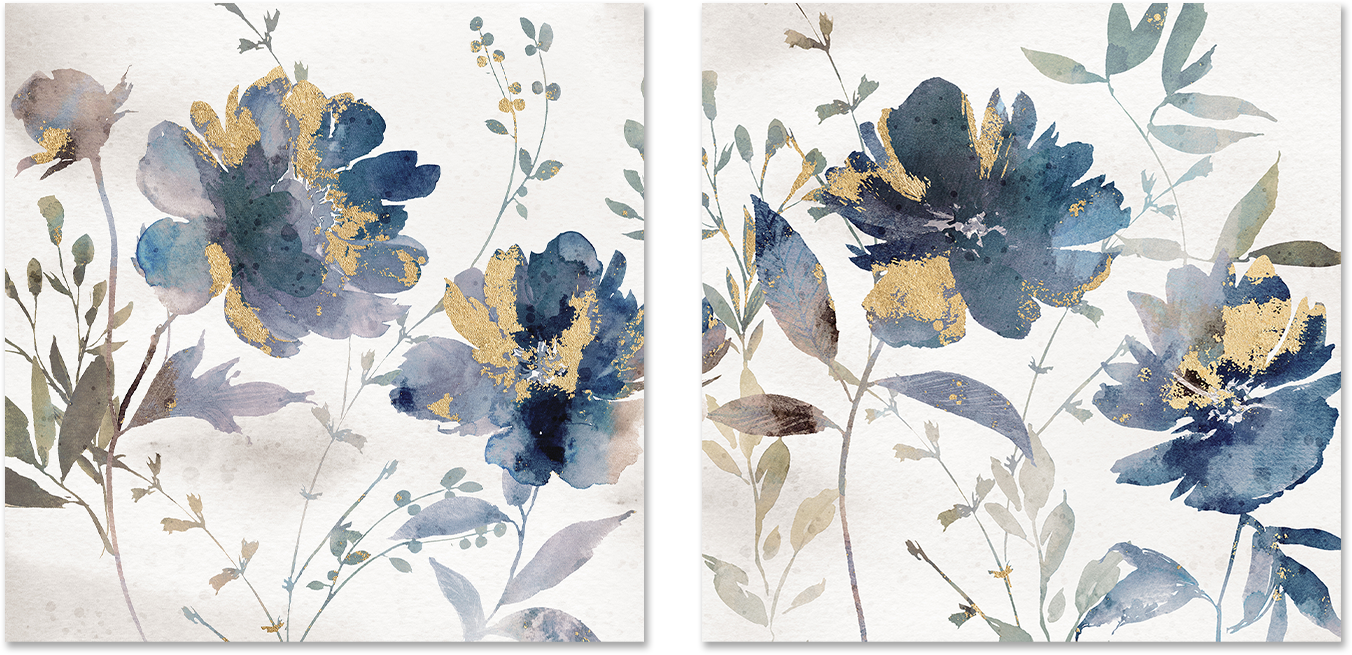 wall-art-print-canvas-poster-framed-Blue Watercolor Florals, Style A & B, Set of 2 , By Nina Blue-1