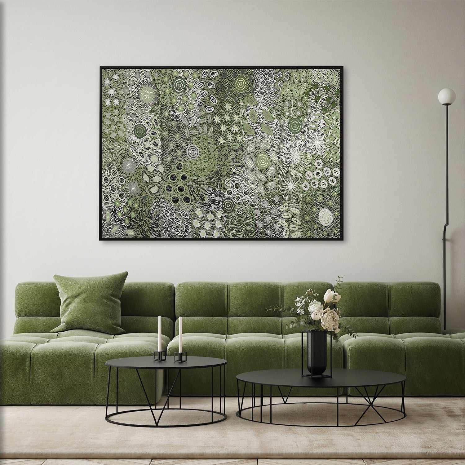 wall-art-print-canvas-poster-framed-Body Painting Ceremony, Green Tones , By Michelle Possum Nungurrayi-2