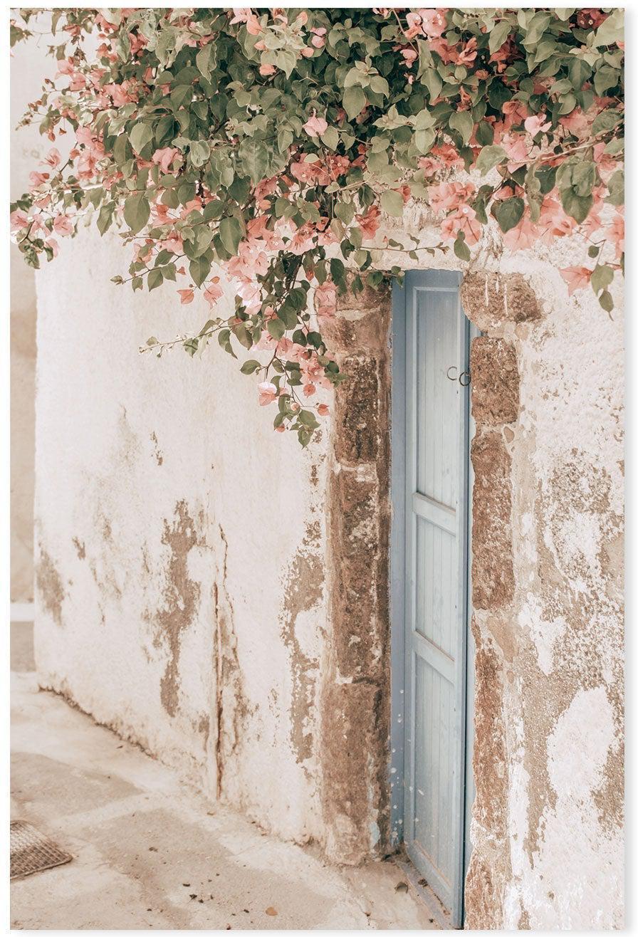 Bougainvillea flower and blue door in Santorini, Style A-Gioia-Prints-Framed-Canvas-Poster-GIOIA-WALL-ART