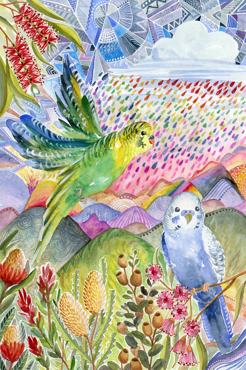 wall-art-print-canvas-poster-framed-Budgies , By Jessie Mitchelson-GIOIA-WALL-ART