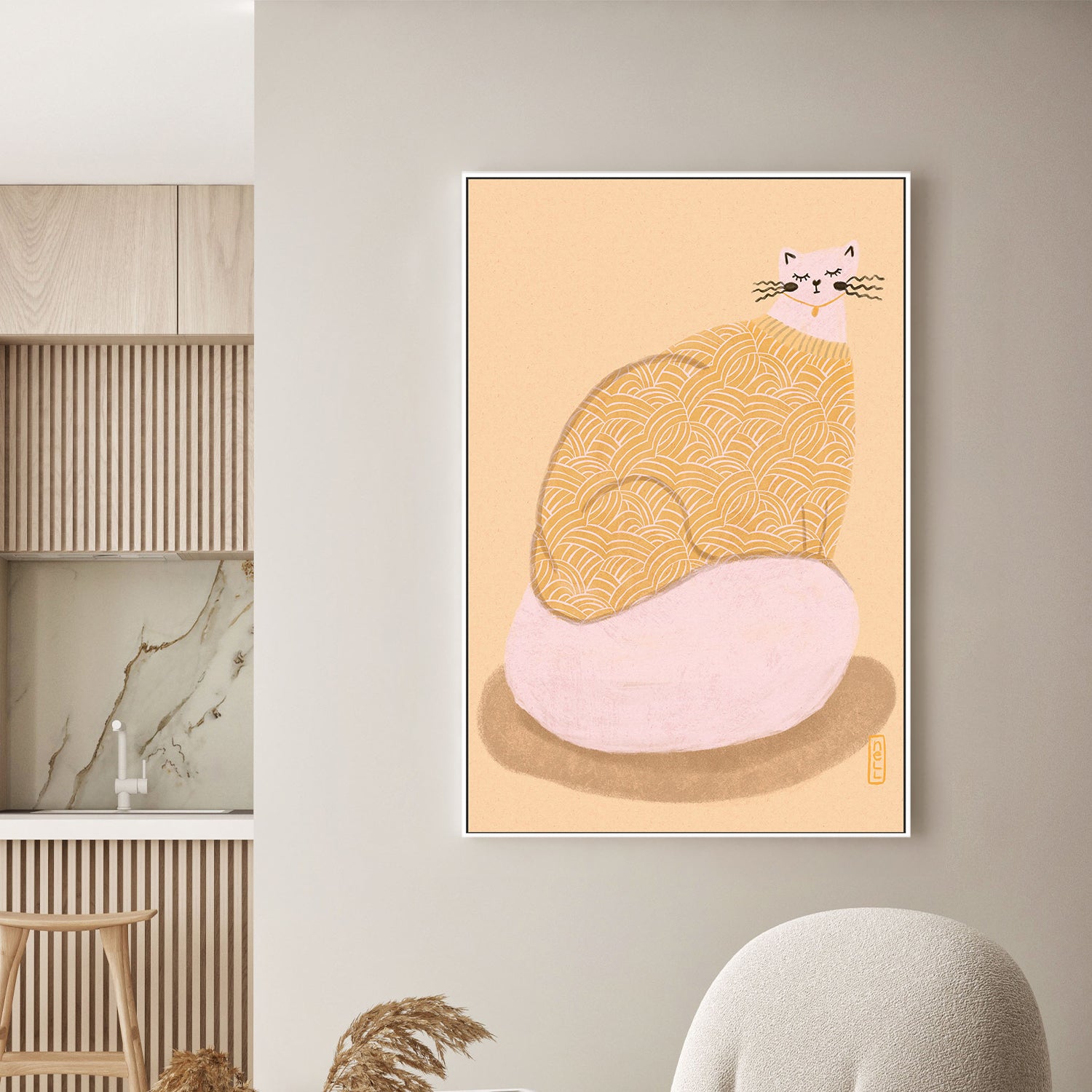 wall-art-print-canvas-poster-framed-Cat in a Butter Yellow Jersey Illustration Poster-2