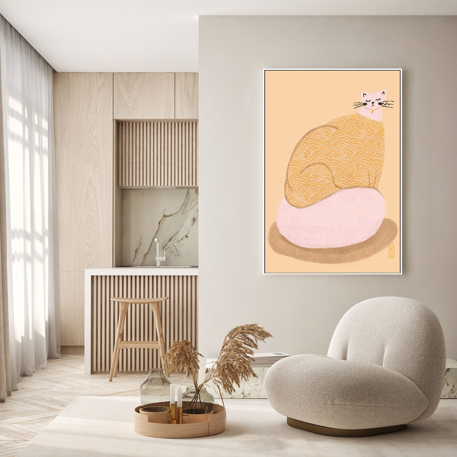 wall-art-print-canvas-poster-framed-Cat in a Butter Yellow Jersey Illustration Poster-9