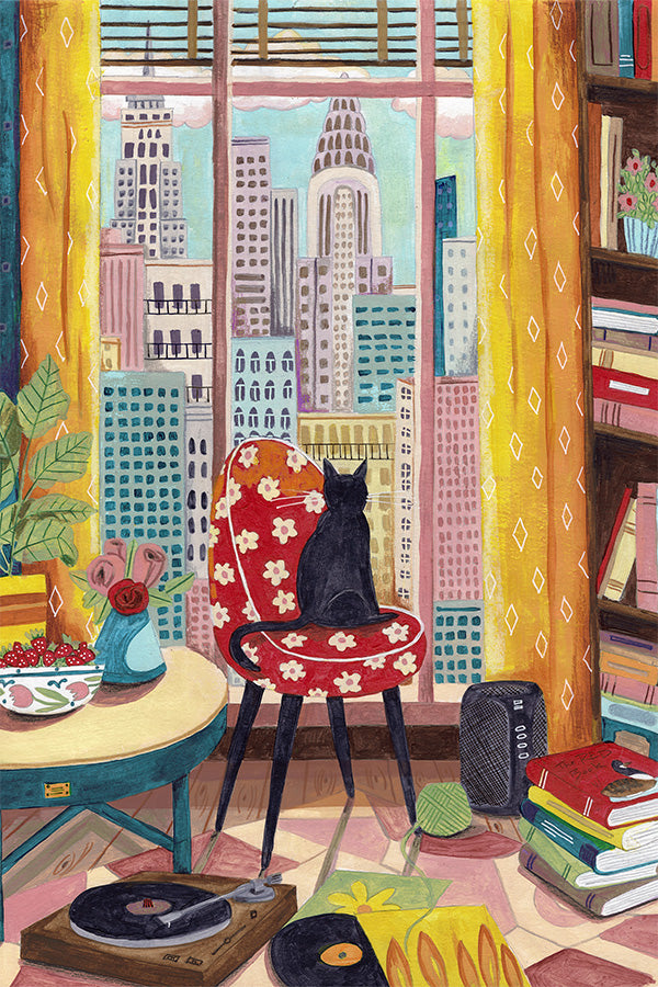 wall-art-print-canvas-poster-framed-Cat in front of window in New York bright colours-1