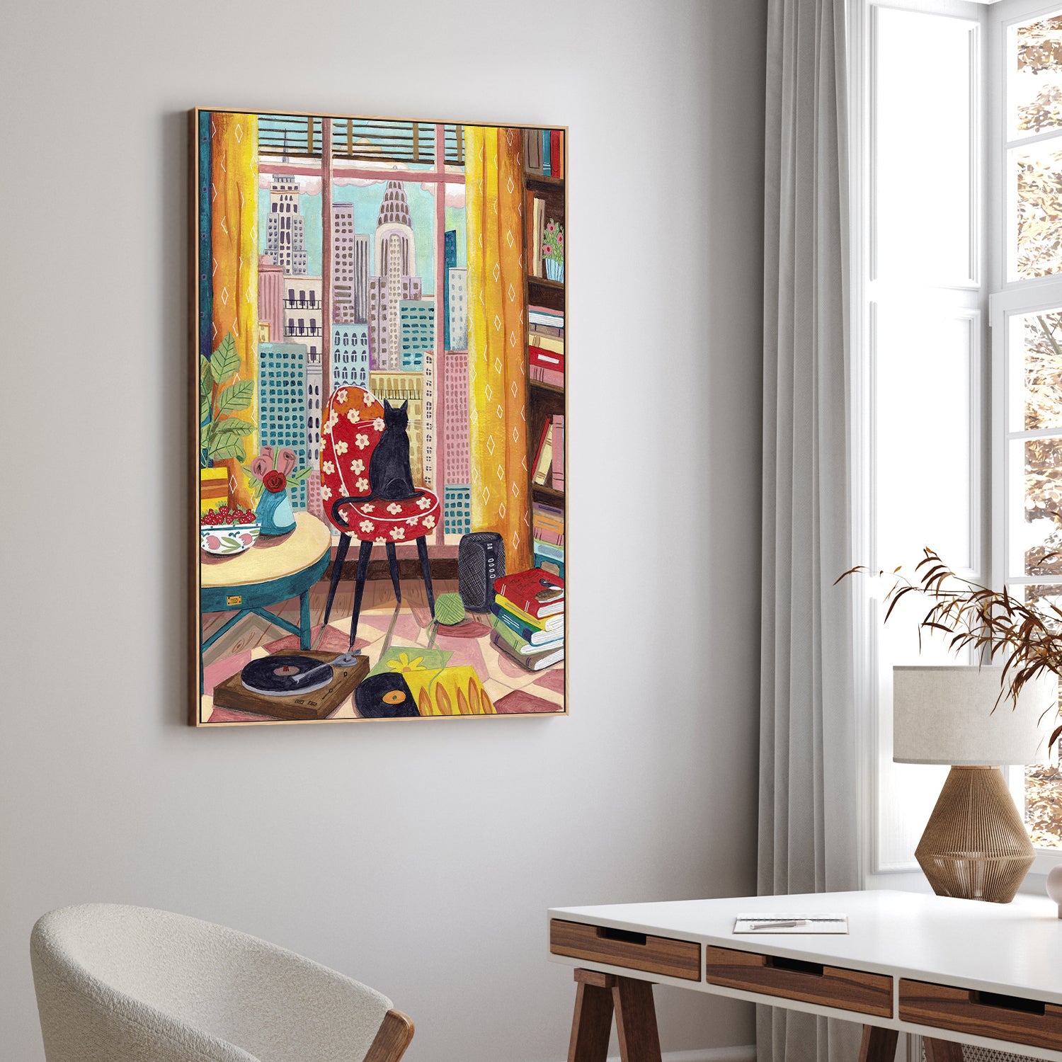 wall-art-print-canvas-poster-framed-Cat in front of window in New York bright colours-2