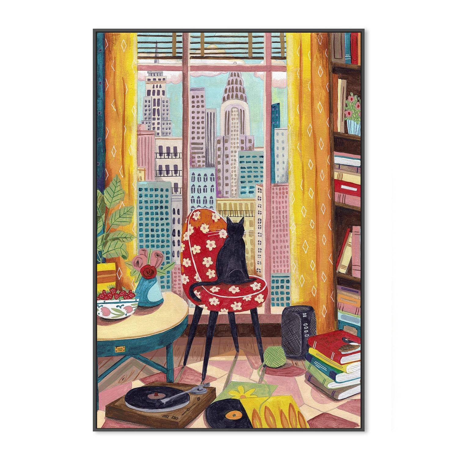 wall-art-print-canvas-poster-framed-Cat in front of window in New York bright colours-3