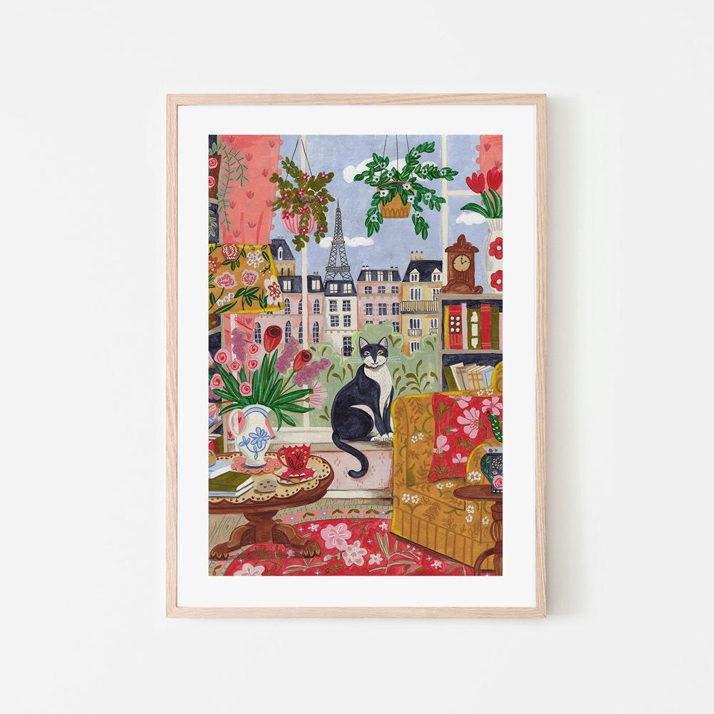 wall-art-print-canvas-poster-framed-Cat in front of window in Paris bright colours-6