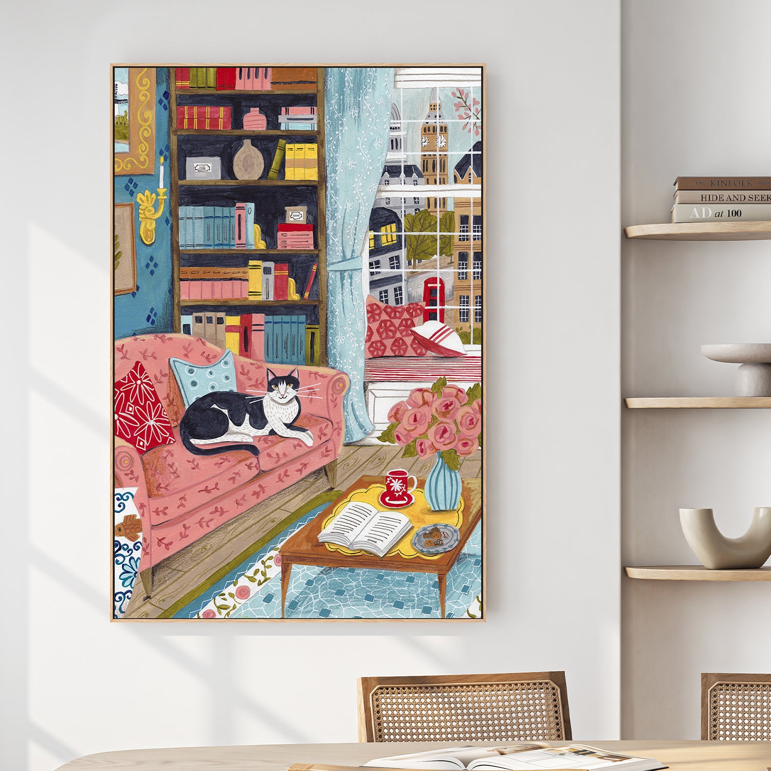 wall-art-print-canvas-poster-framed-Cat on sofa in London paster colours-2
