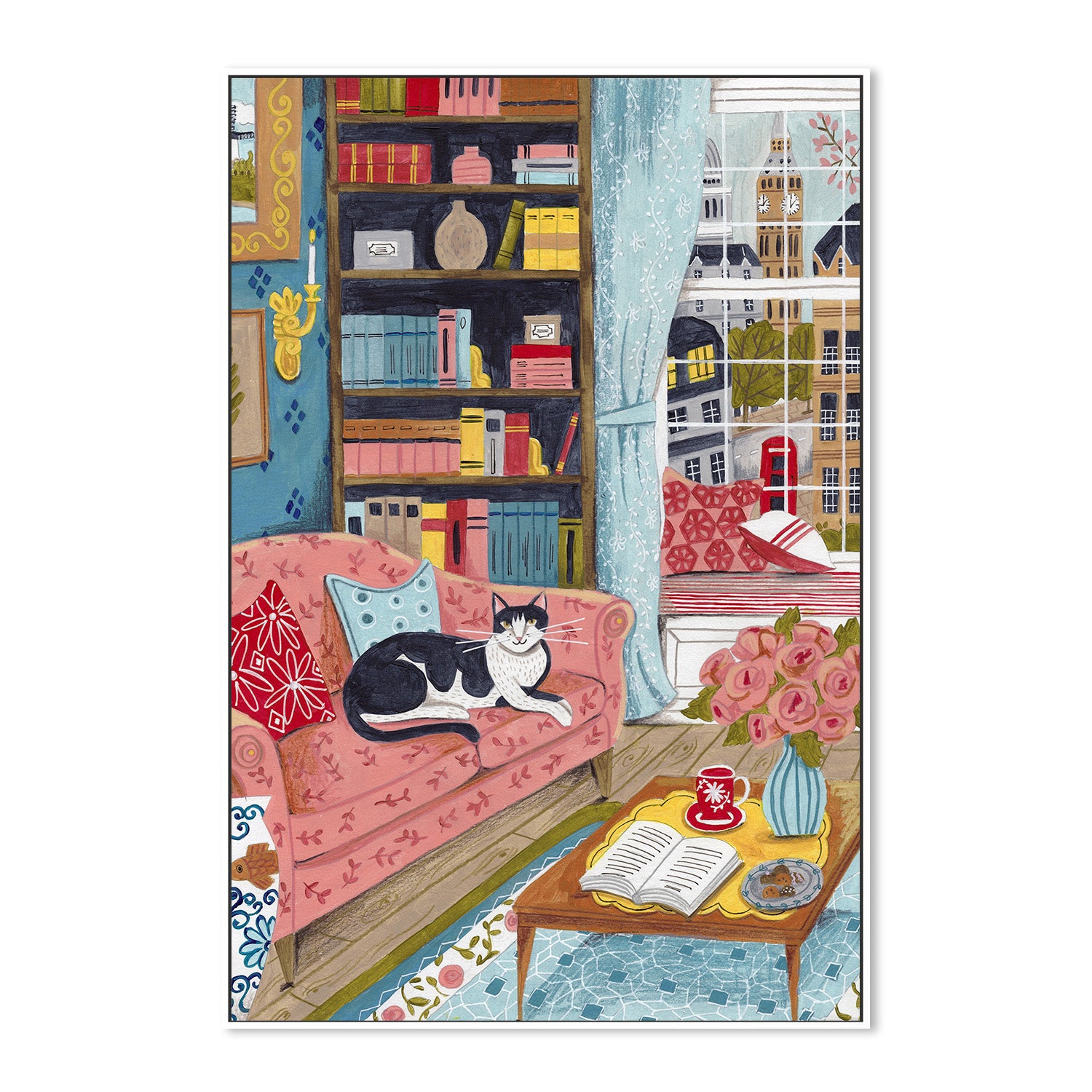 wall-art-print-canvas-poster-framed-Cat on sofa in London paster colours-5