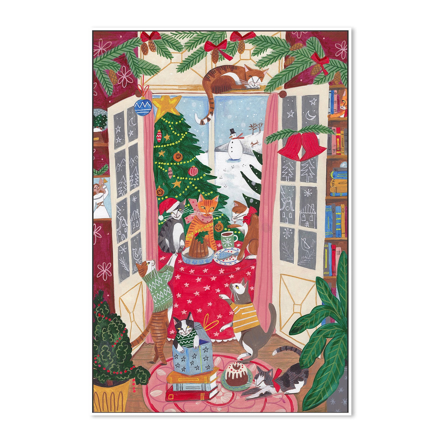 wall-art-print-canvas-poster-framed-Cats in the Window at a Snowy Christmas in Bright Colours-5
