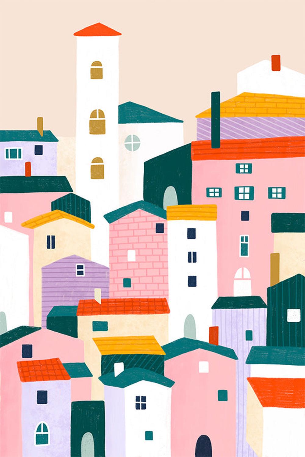 wall-art-print-canvas-poster-framed-Colorful Village Scene-1