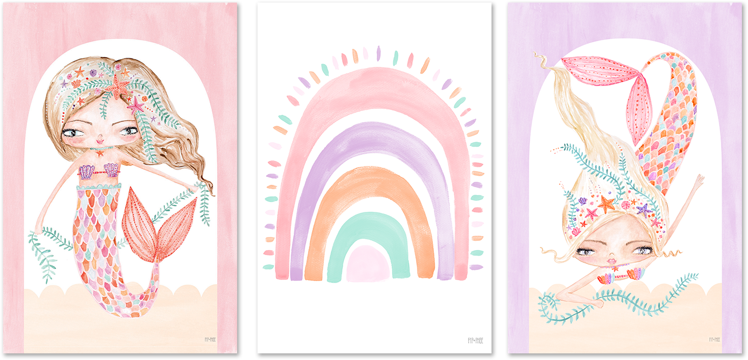 wall-art-print-canvas-poster-framed-Coral Mermaid, Set of 3 , By Pip and Phee-1