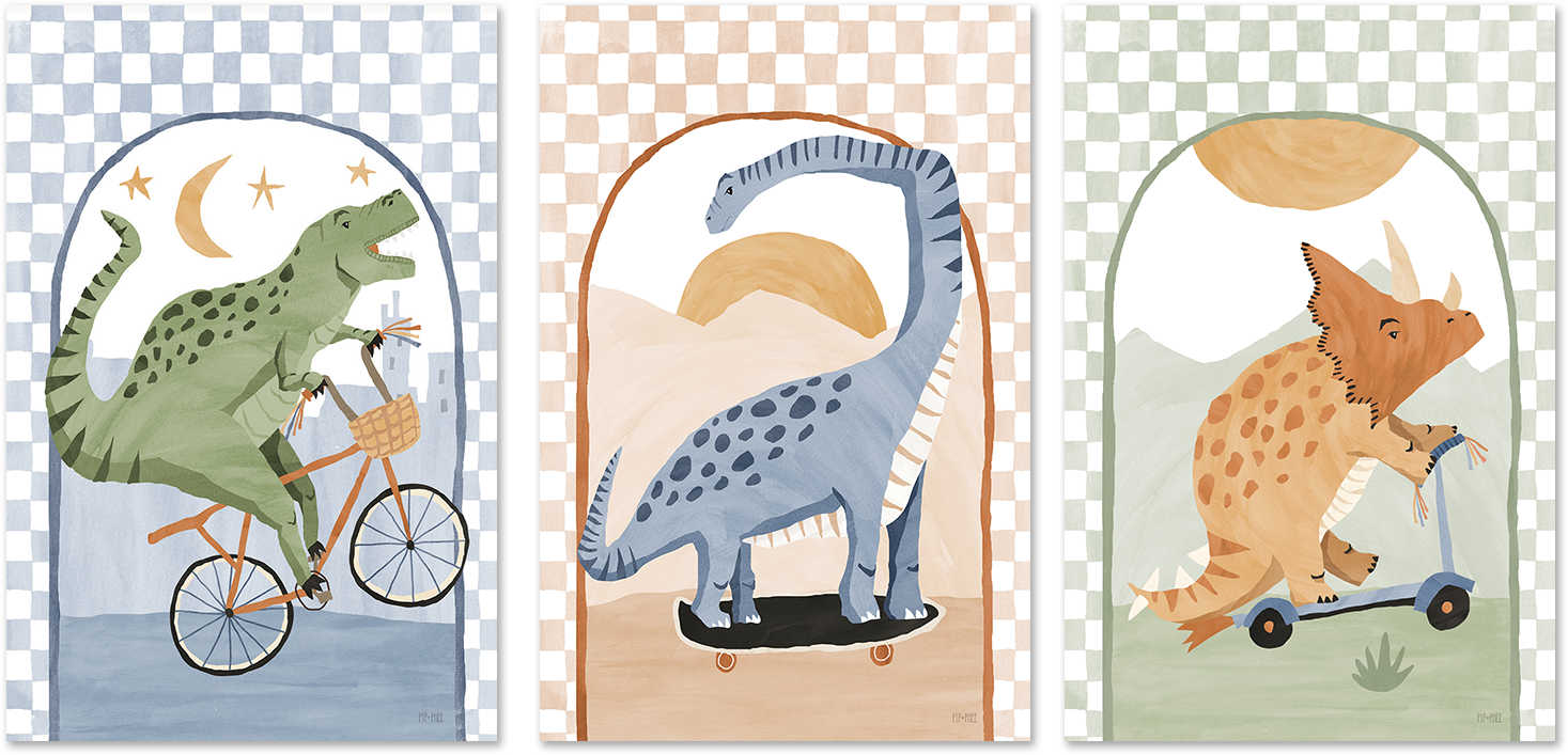 wall-art-print-canvas-poster-framed-Dino Riders, Set of 3 , By Pip and Phee-1