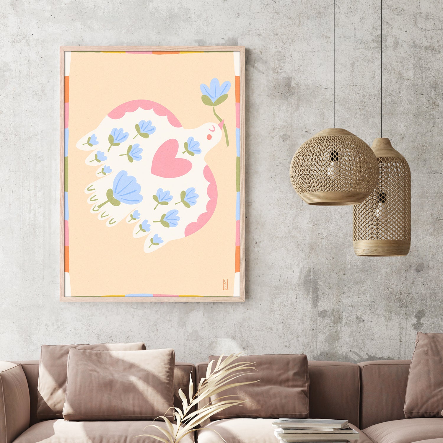 wall-art-print-canvas-poster-framed-Dove of Peace with Flowers Illustration-2