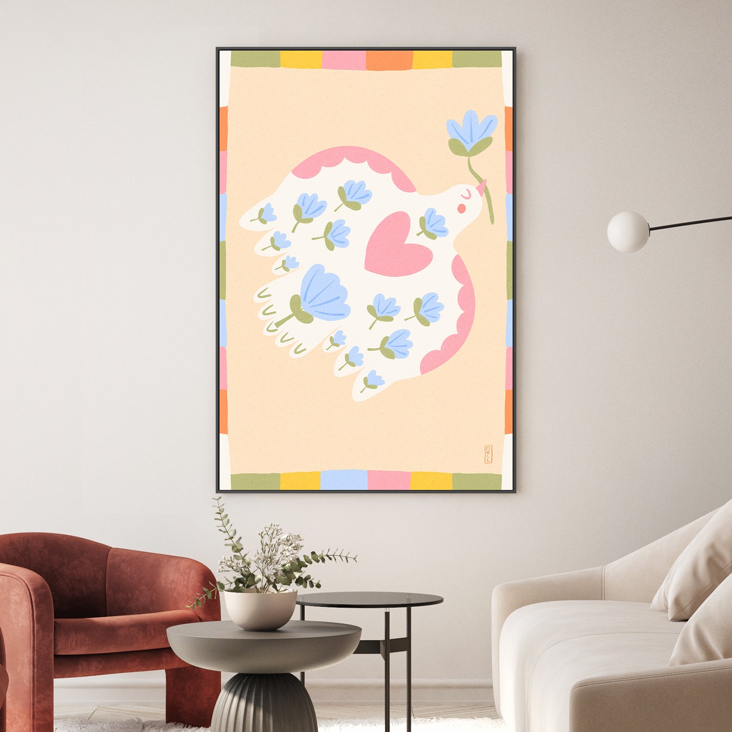 wall-art-print-canvas-poster-framed-Dove of Peace with Flowers Illustration-7