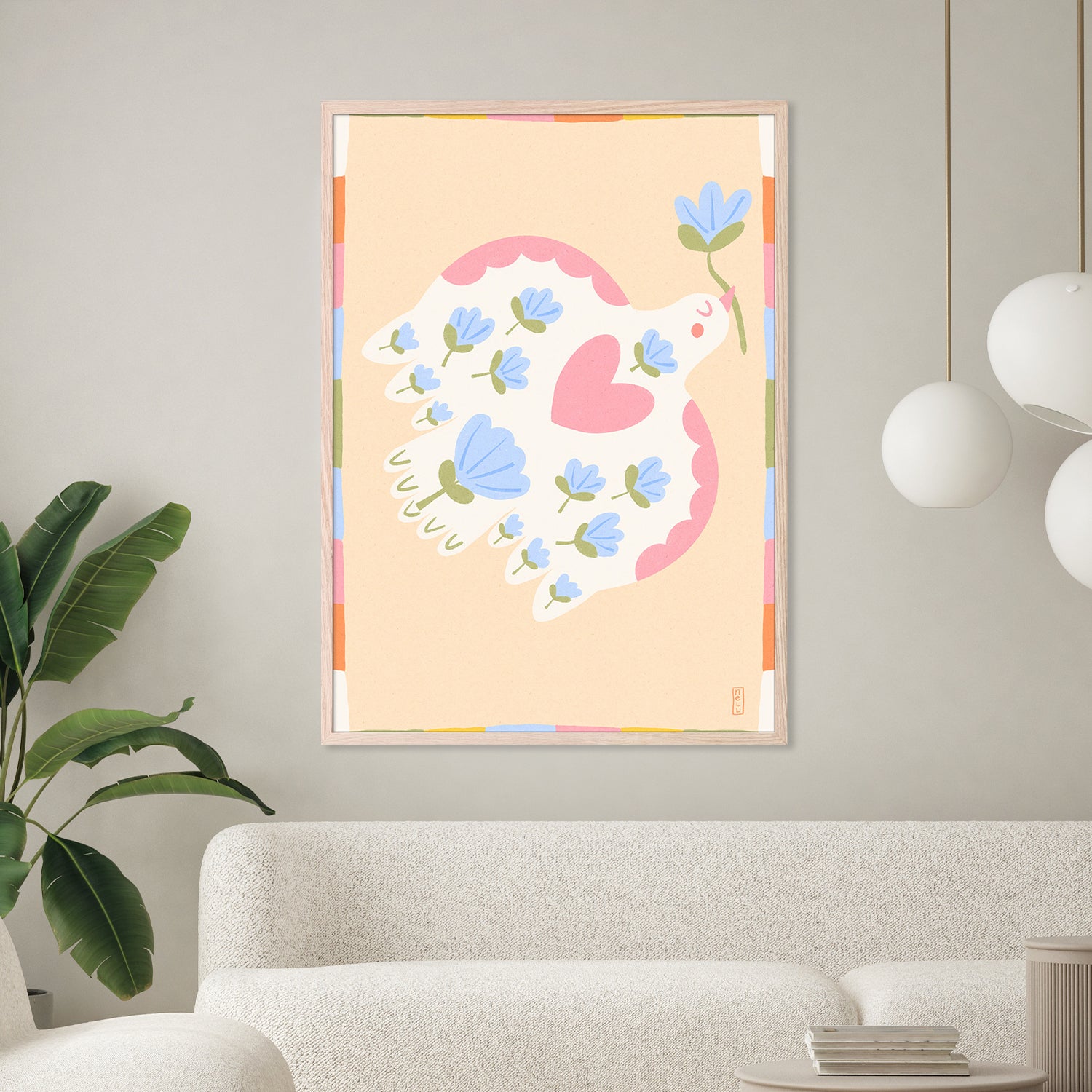 wall-art-print-canvas-poster-framed-Dove of Peace with Flowers Illustration-7