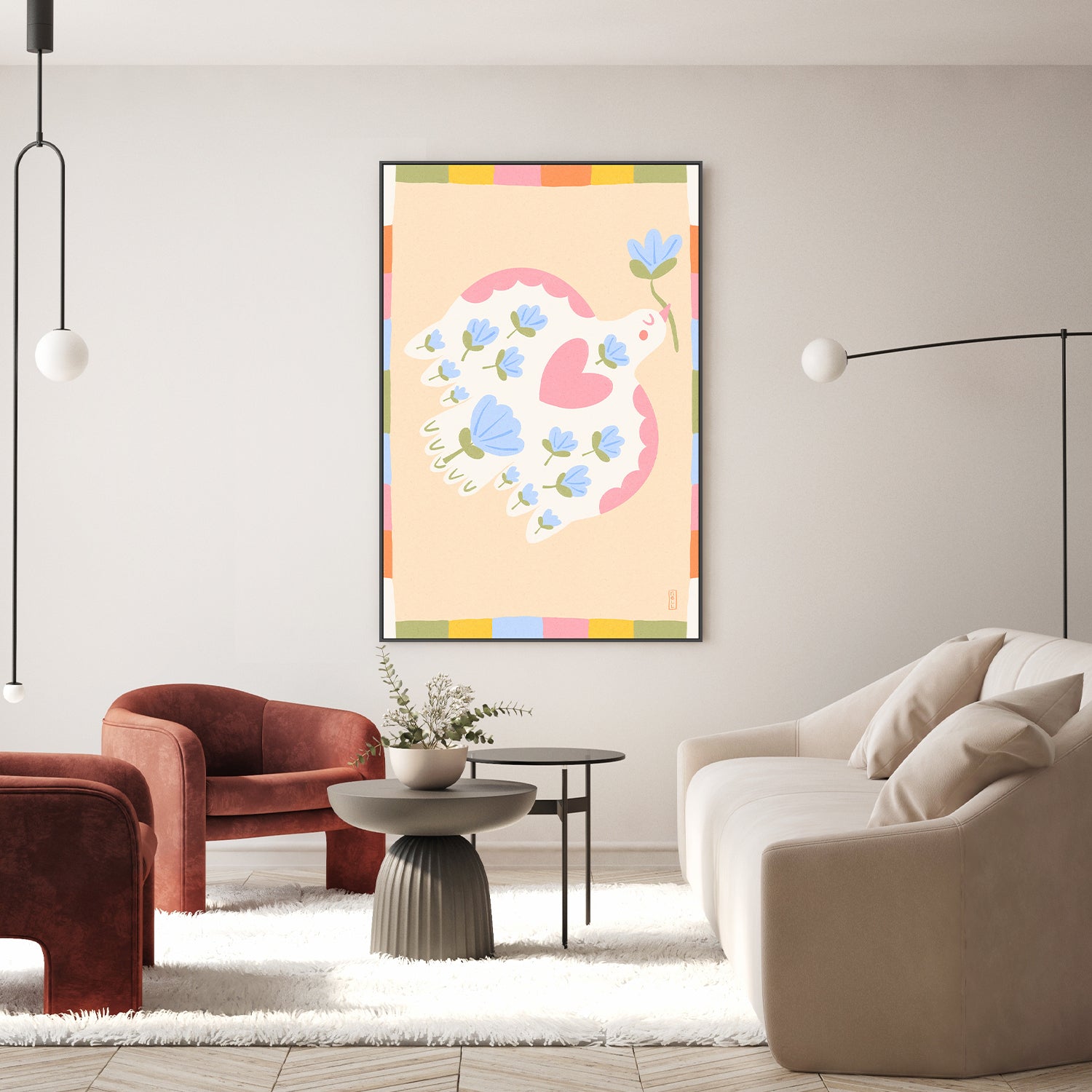 wall-art-print-canvas-poster-framed-Dove of Peace with Flowers Illustration-8